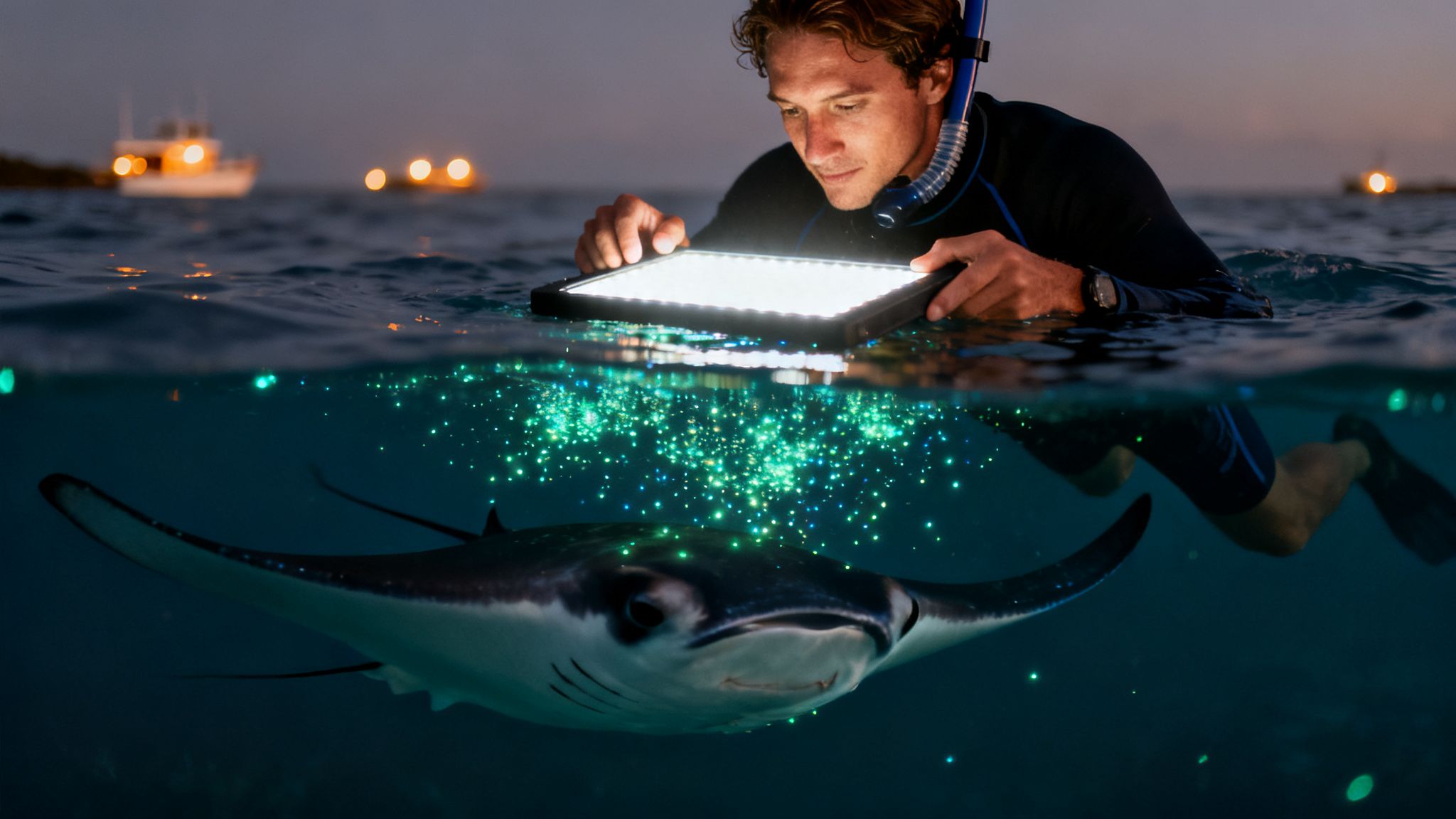 Snorkeler illuminates a majestic manta ray swimming in glowing bioluminescent waters at night.