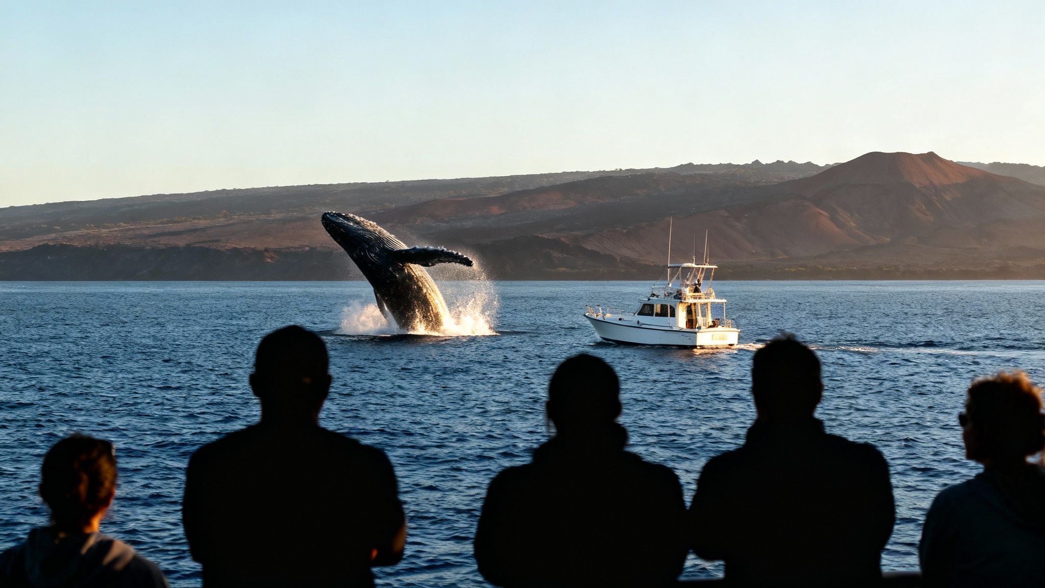 Humpback whale breaching near tour boat with spectators watching in Hawaiian waters