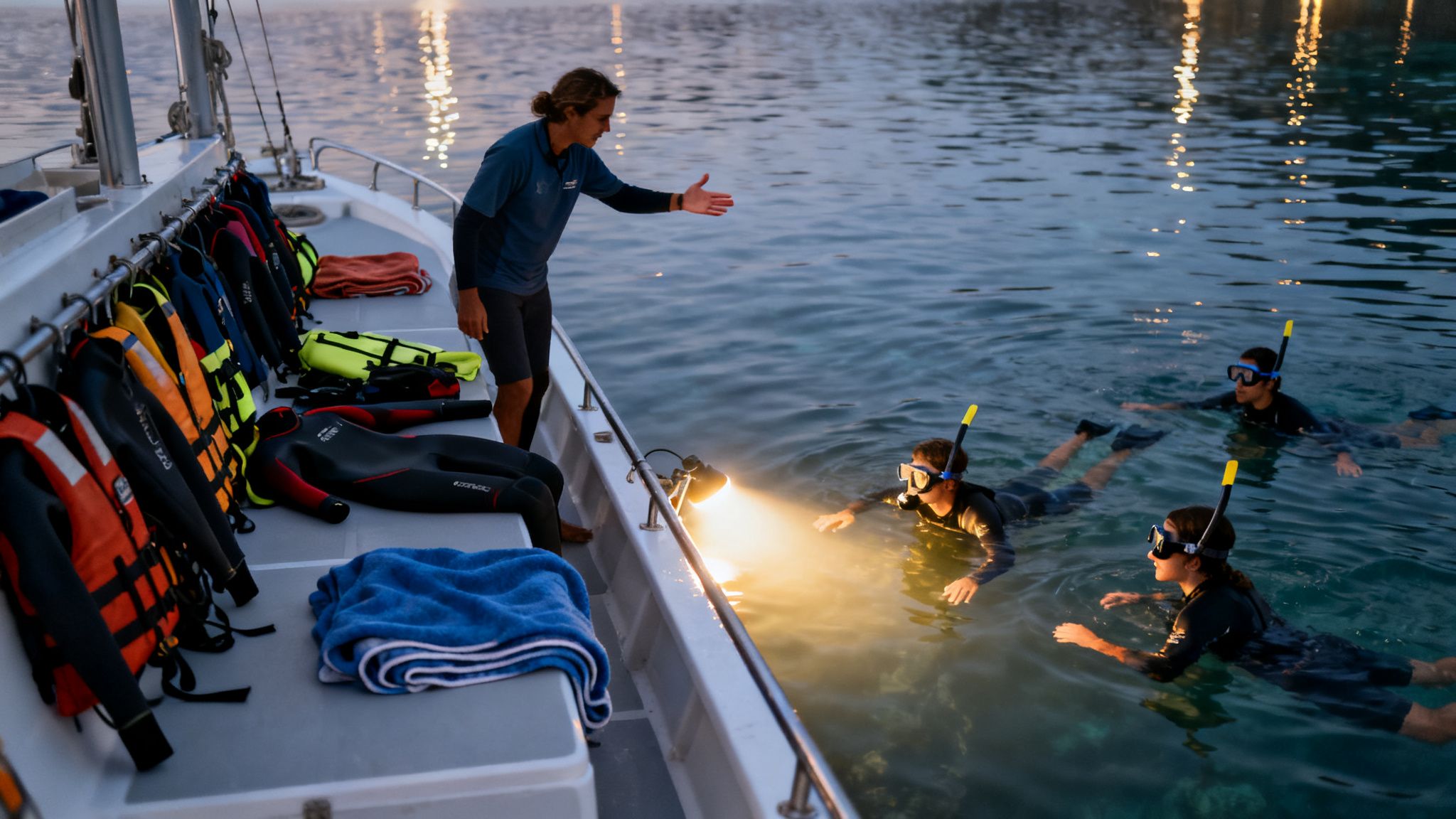 A boat guide gestures to three snorkelers in illuminated water at night.