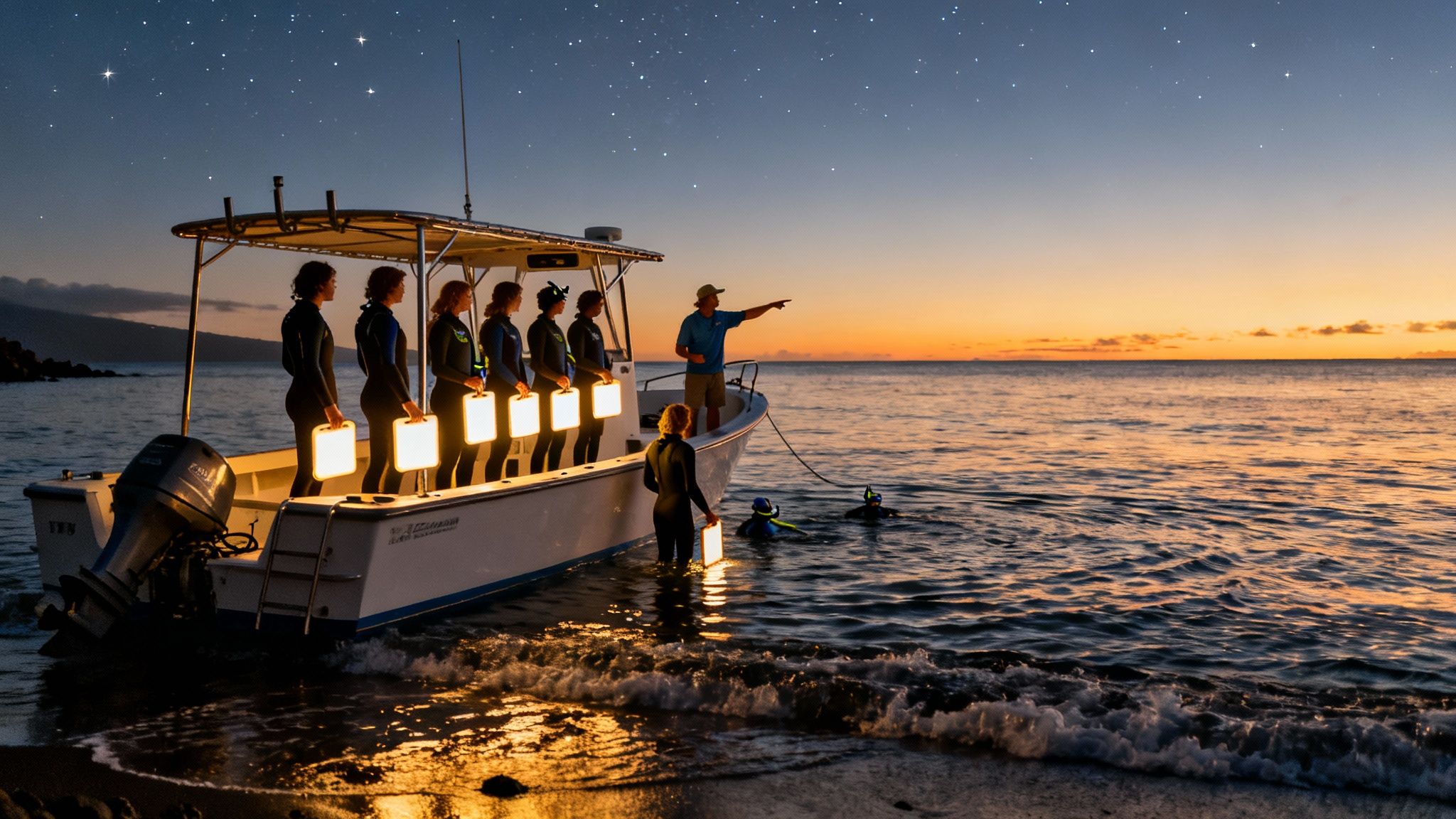 Group of people in wetsuits on a boat at dusk, holding lanterns for a night snorkel.