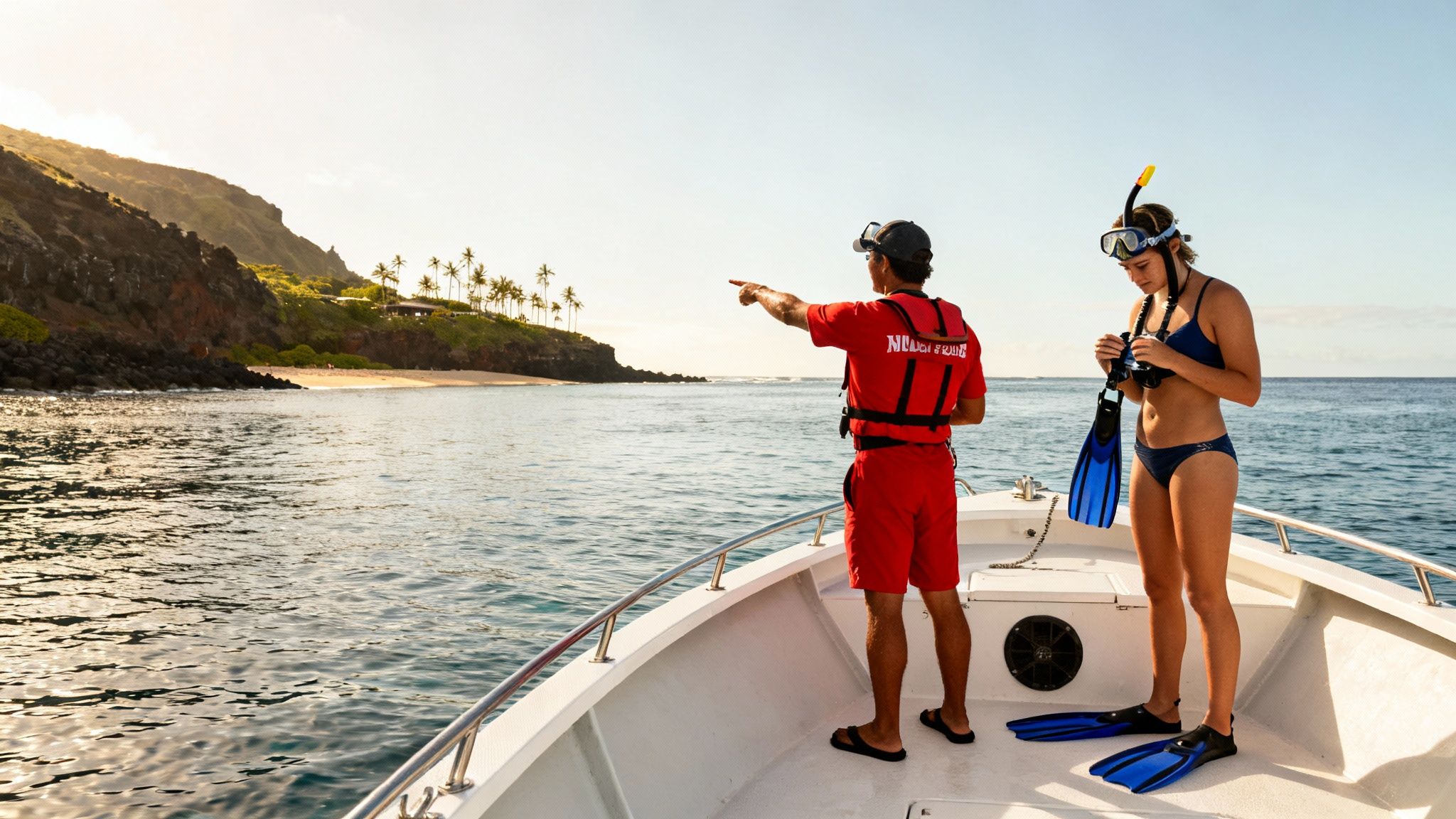 A guide points out a scenic bay to a woman preparing for snorkeling from a boat.