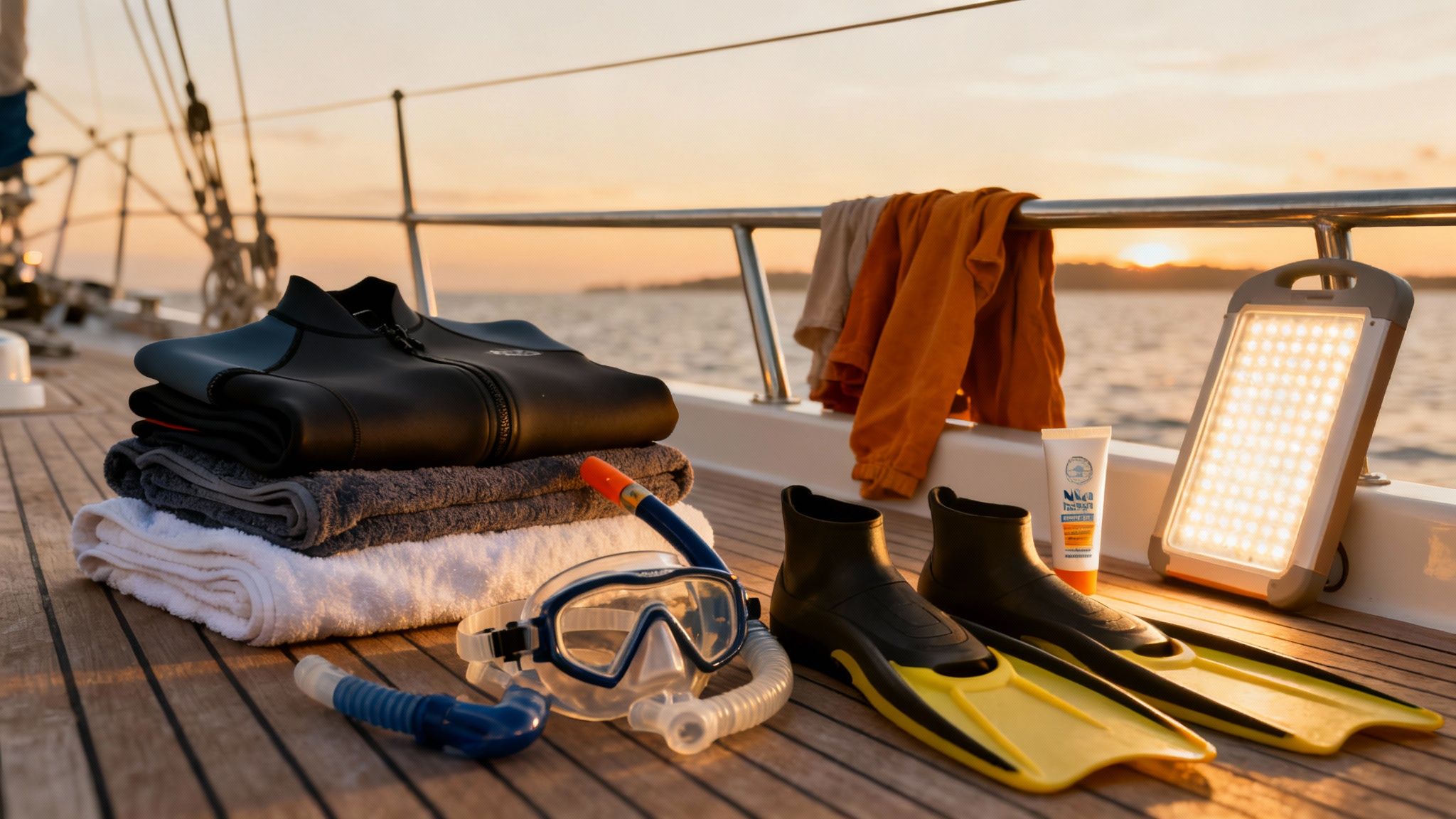 Snorkeling gear, wetsuits, and towels arranged on a boat deck at sunset, ready for adventure.