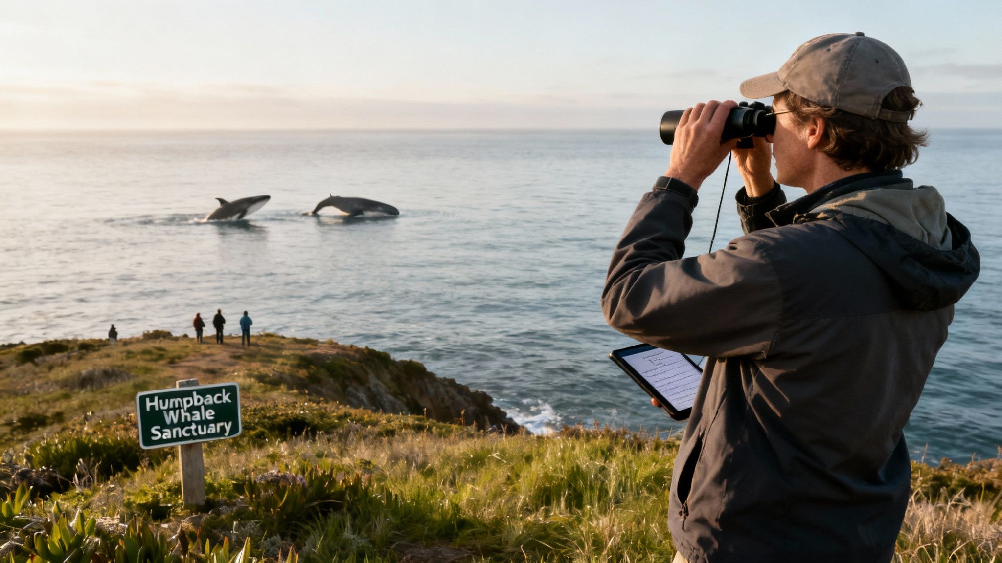 A person on a boat looking through binoculars at a distant whale tail.