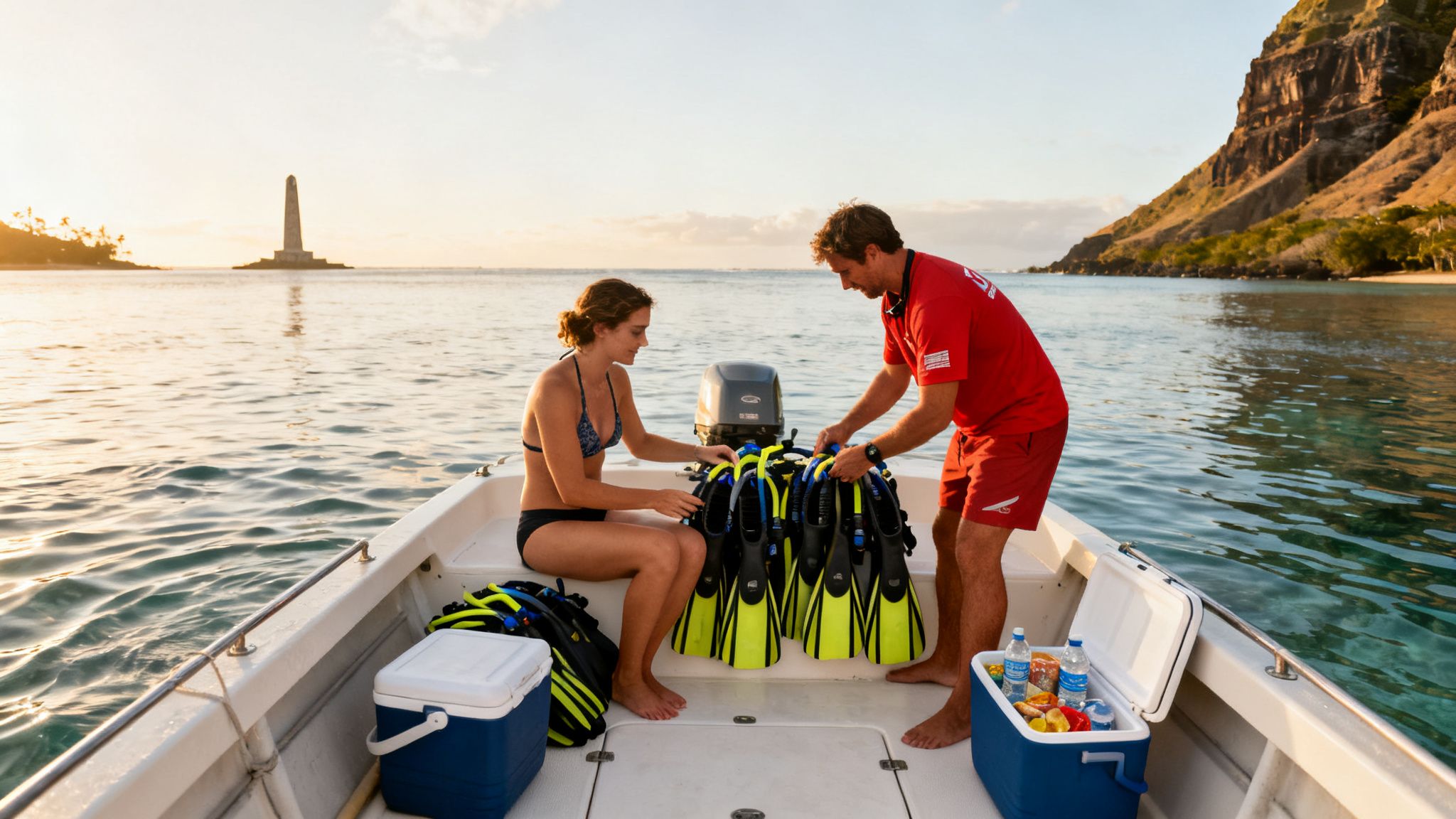 A couple on a boat preparing snorkeling gear at sunset near an island monument.