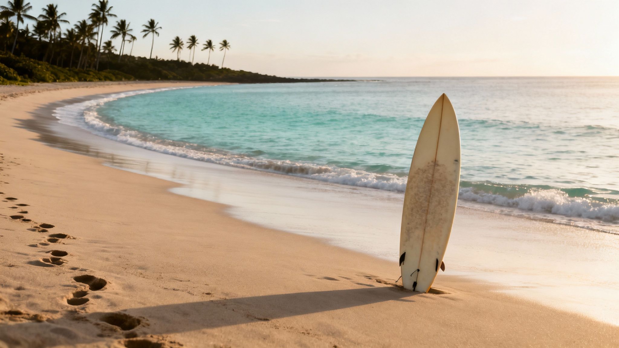 A surfboard on a beautiful sandy beach with palm trees and turquoise ocean at sunset.