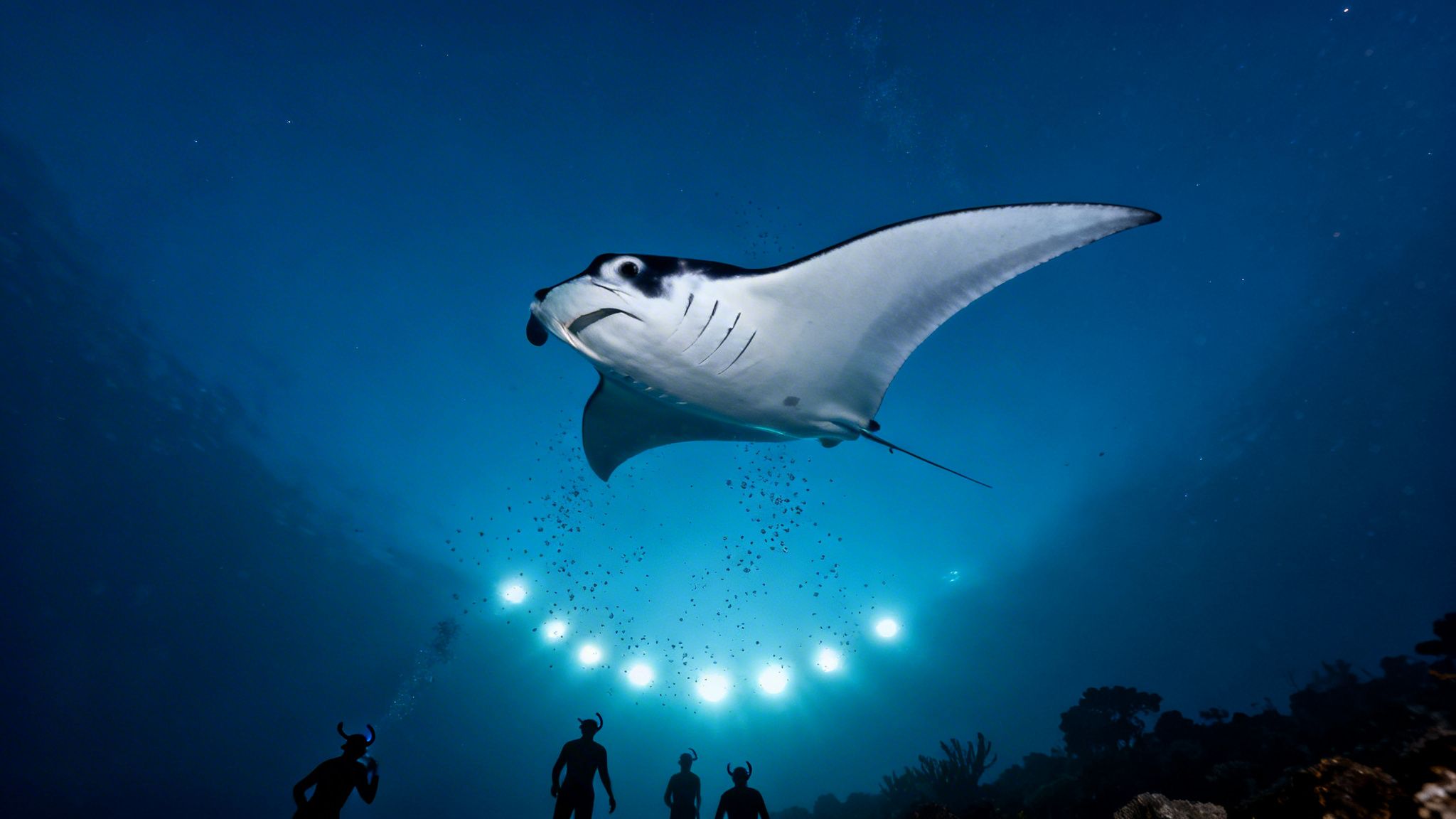 A majestic giant manta ray swims gracefully above divers illuminated by bright lights in the deep blue ocean at night.