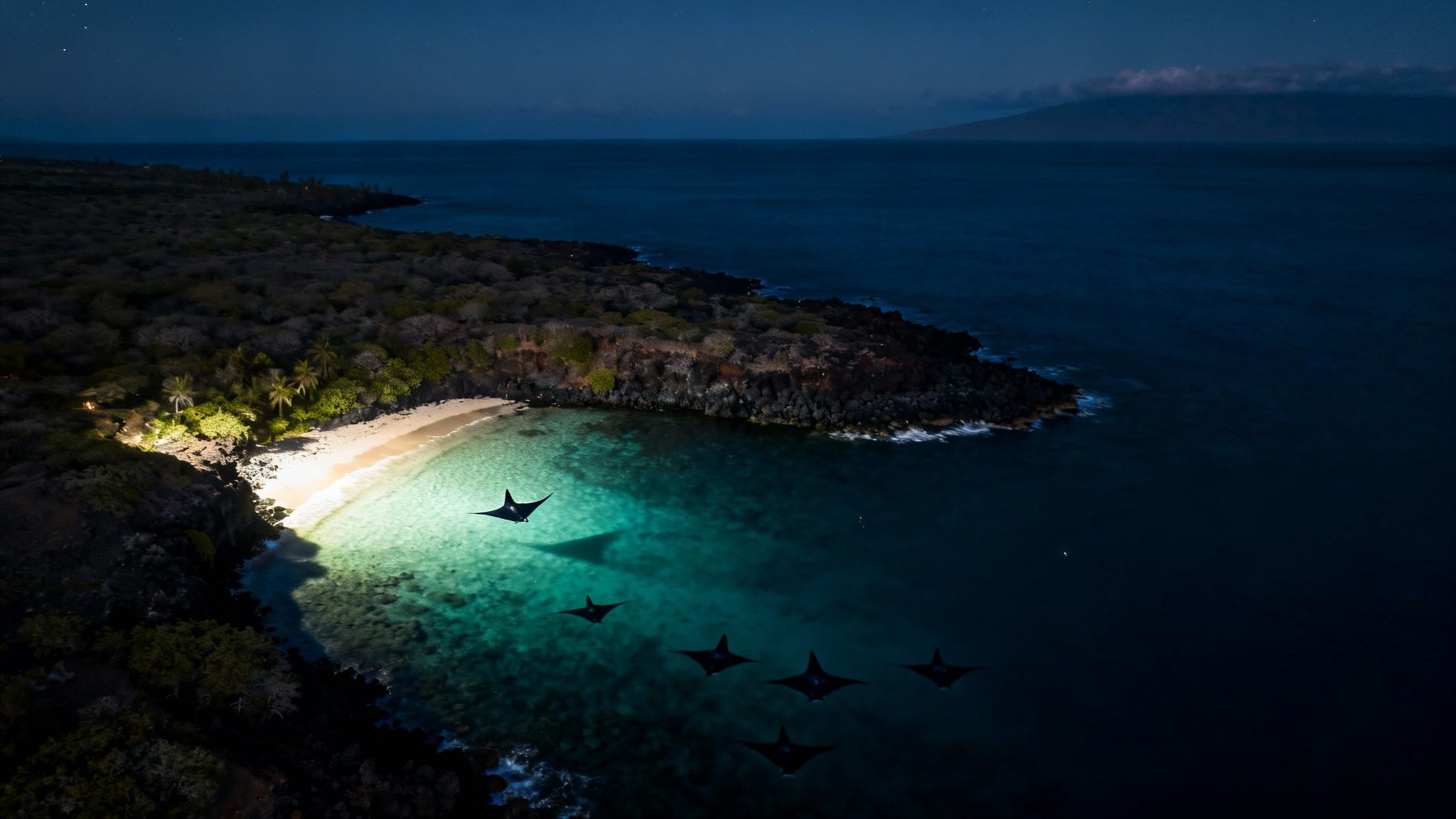 Aerial night view of manta rays swimming in a brightly lit tropical ocean bay.