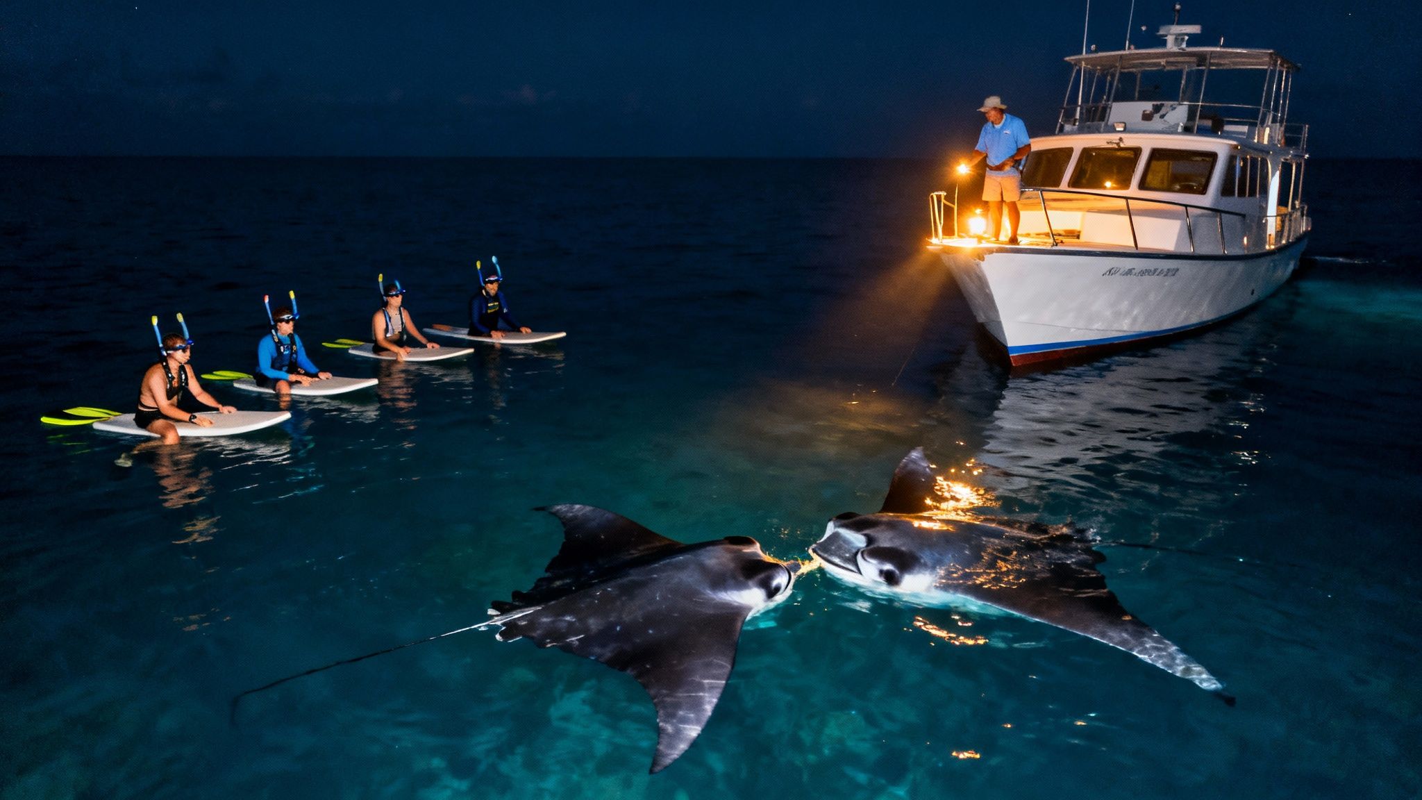 People on illuminated paddleboards night snorkeling with manta rays under a starry sky.