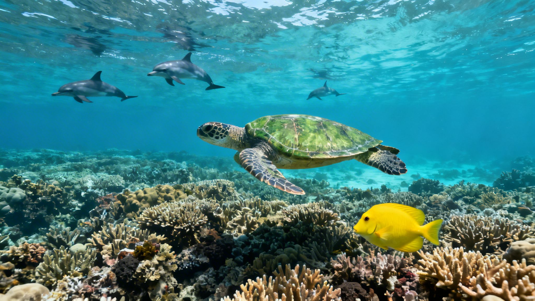 Underwater view of a green sea turtle, dolphins, and a yellow fish swimming over a colorful coral reef.