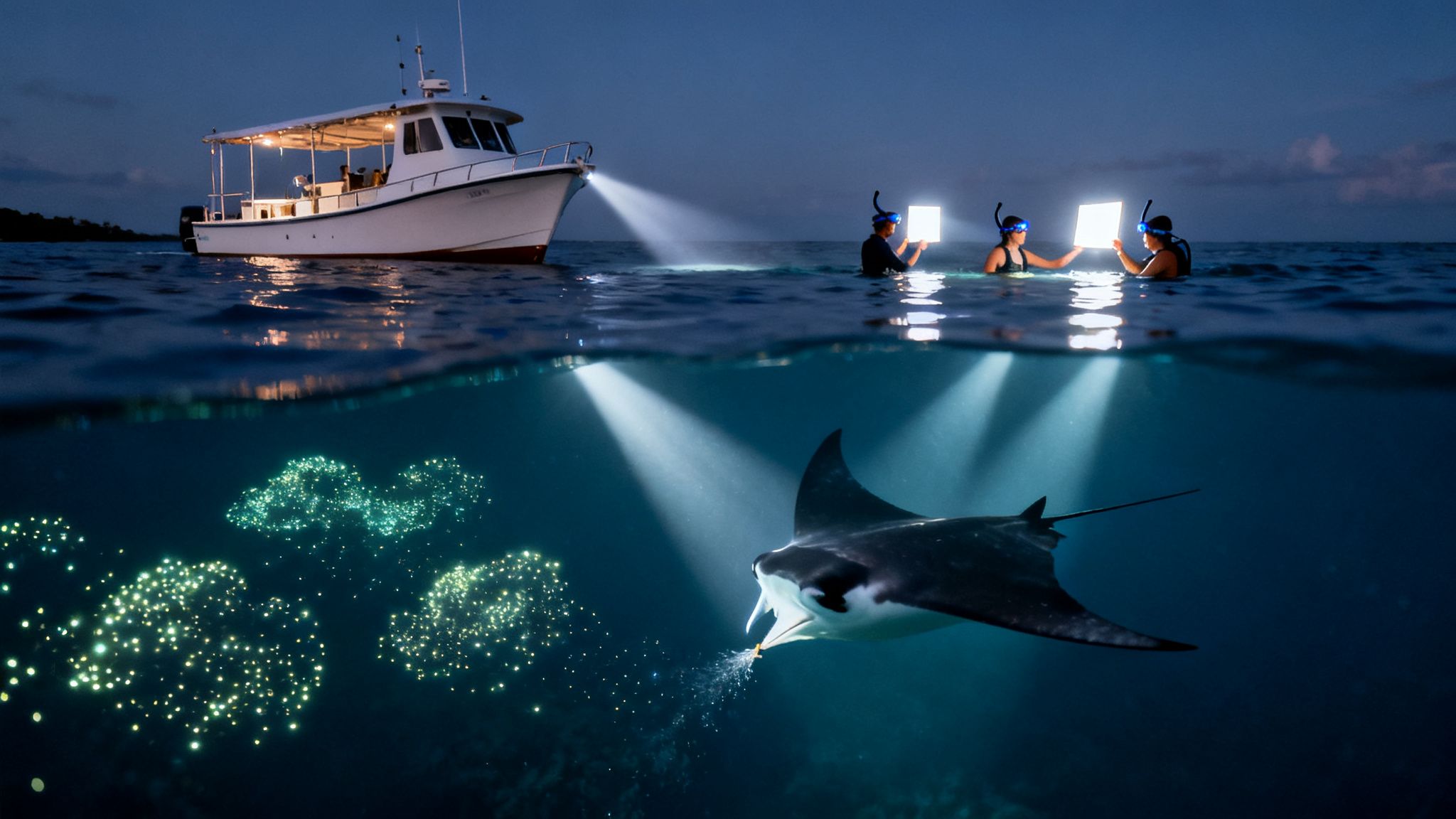 Split image of night snorkelling with a manta ray feeding on glowing plankton in the ocean.