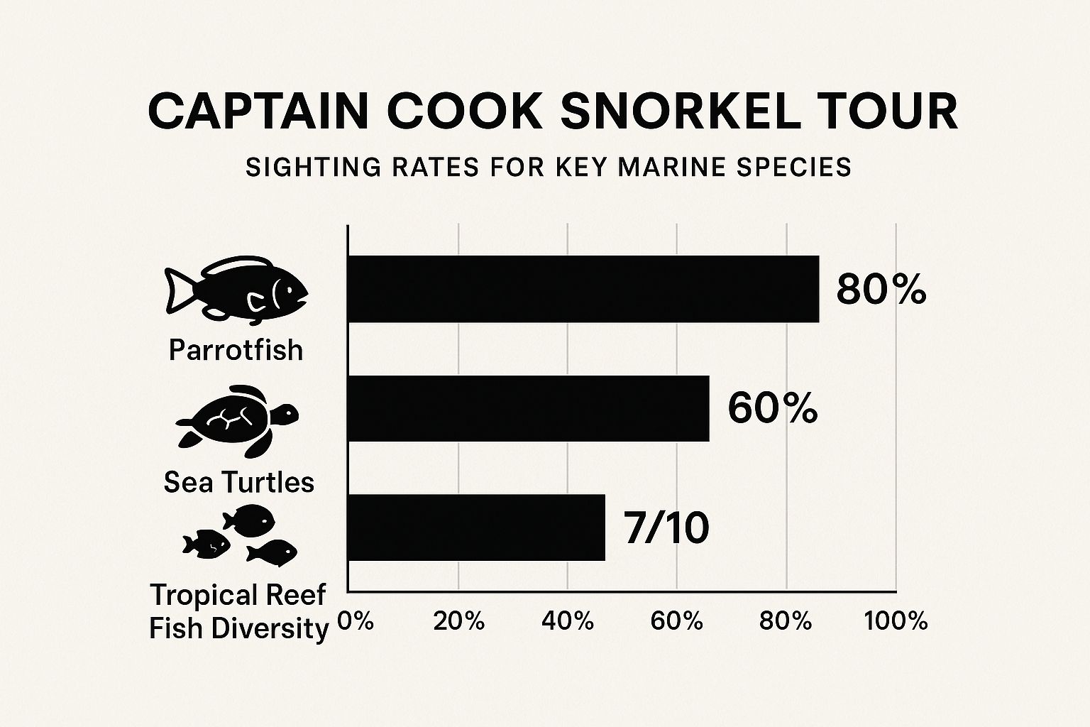 Infographic showing sighting rates for marine life on a Captain Cook snorkel tour, including Parrotfish at 80%, Sea Turtles at 60%, and a Reef Fish Diversity score of 7/10.