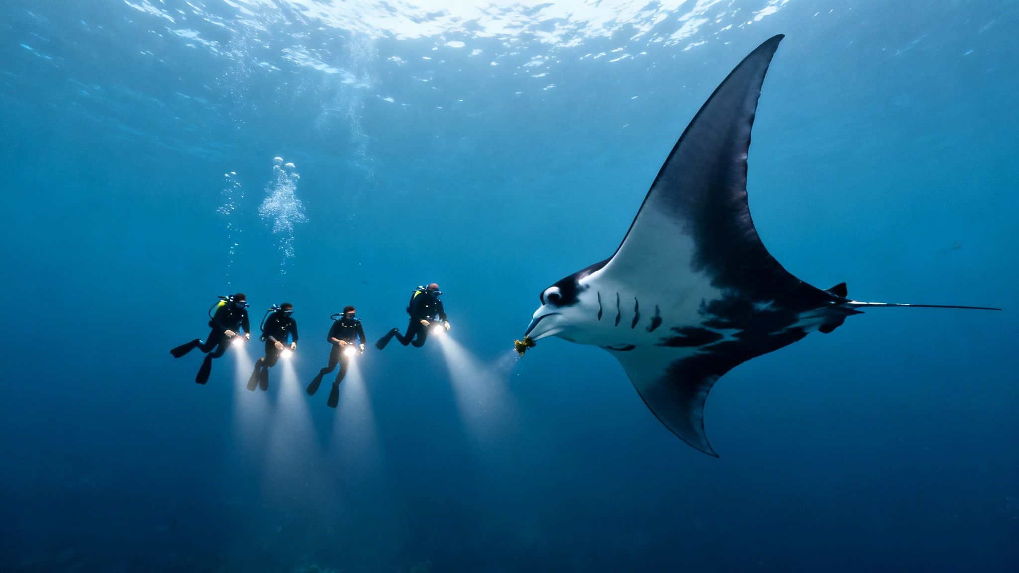 Four scuba divers with bright lights observe a majestic manta ray feeding underwater.