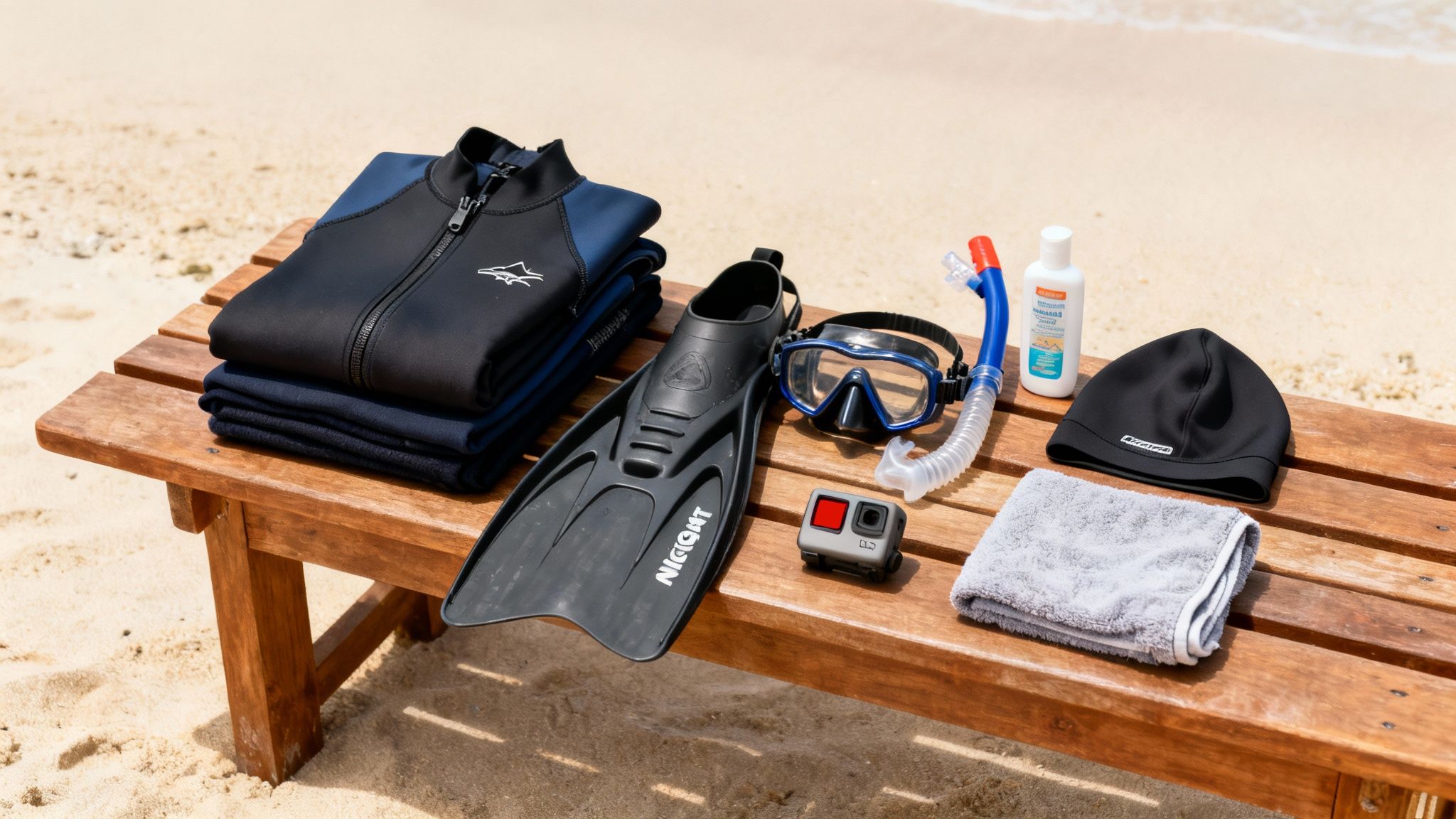 Snorkeling gear, wetsuits, and beach essentials are neatly arranged on a wooden bench at the beach.