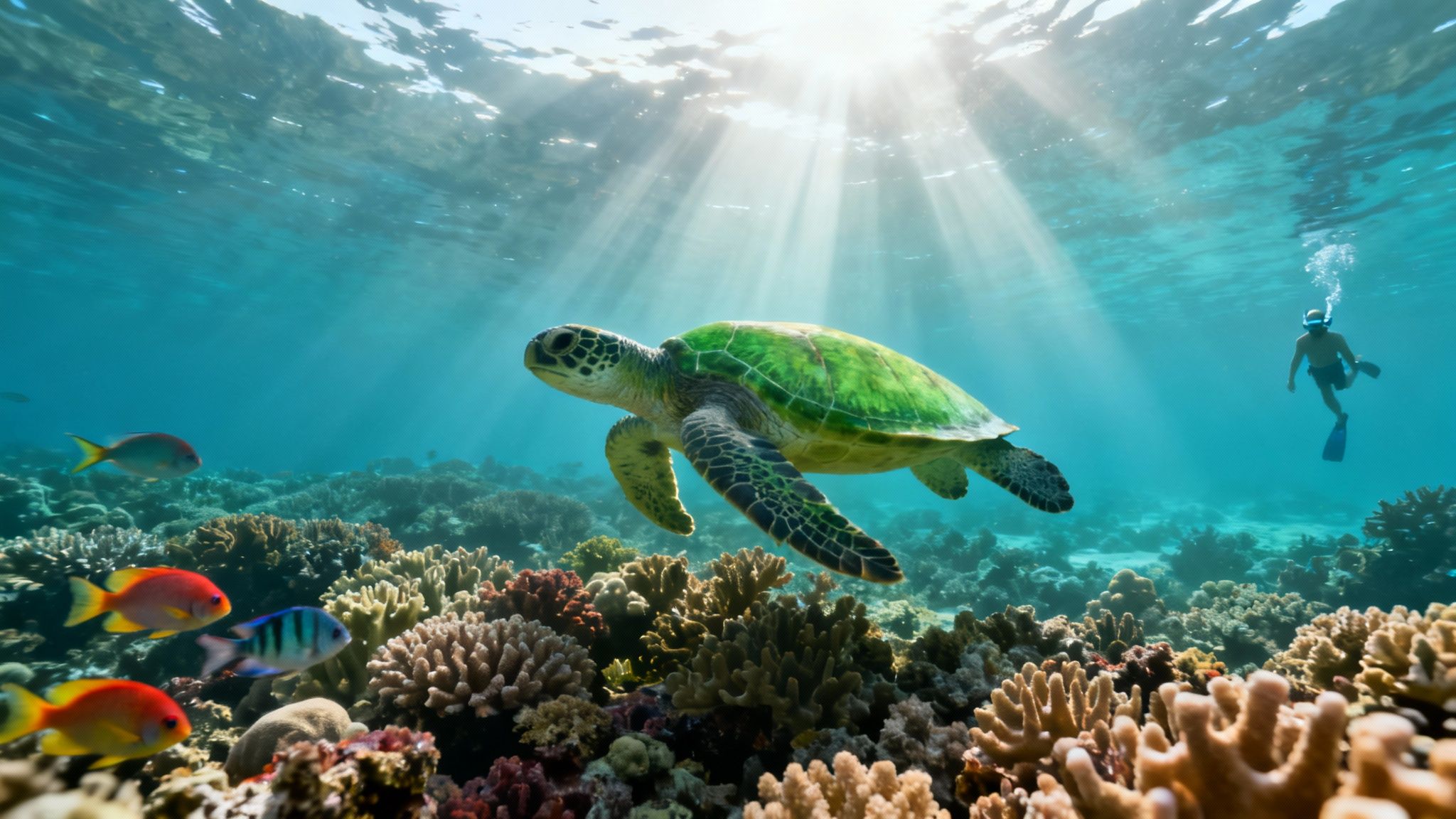 A green sea turtle swims above a vibrant coral reef with colorful fish and a snorkeler.