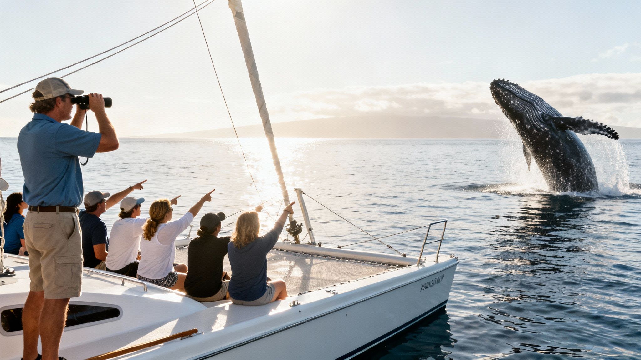 Whale watching tour guests excitedly point at a breaching whale during sunset.