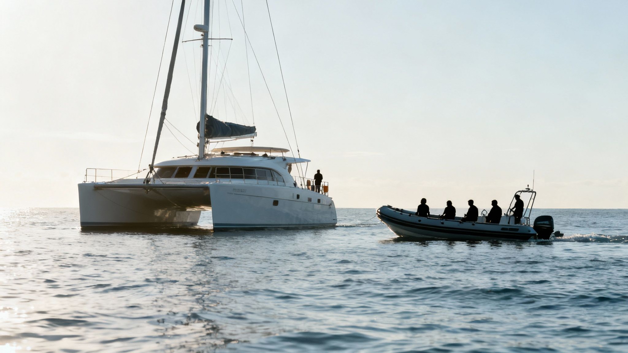 A group of people on a boat tour watching a humpback whale in the distance.