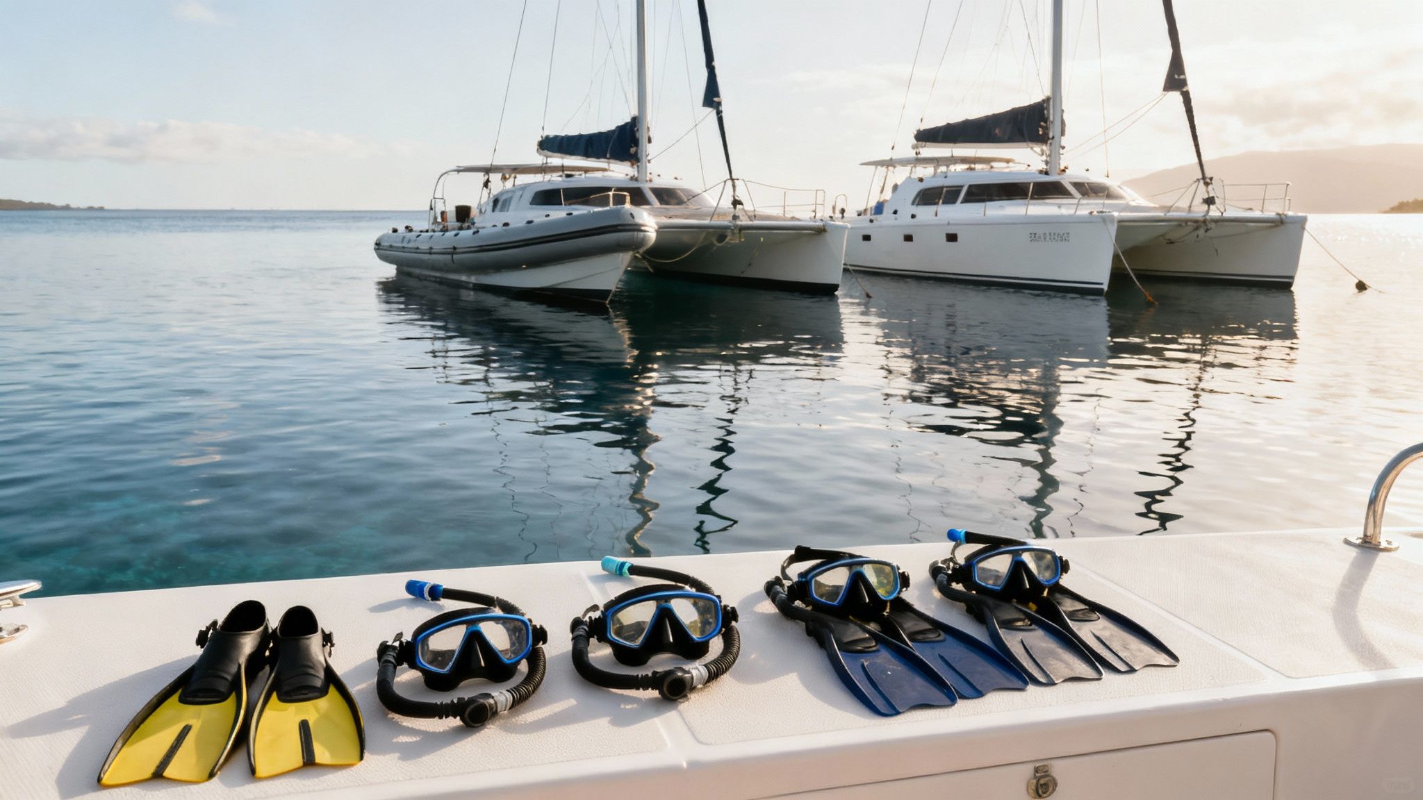 Snorkeling gear including fins, masks, and snorkels laid out on a boat deck with yachts in the background.