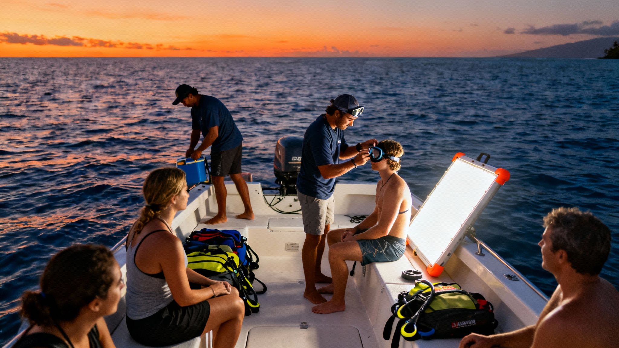 People on a boat at sunset, preparing for a manta ray snorkel tour with gear.