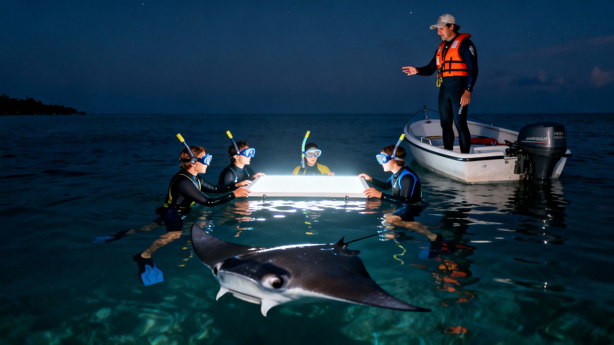 Night snorkeling group and guide observing a manta ray attracted by an underwater light.