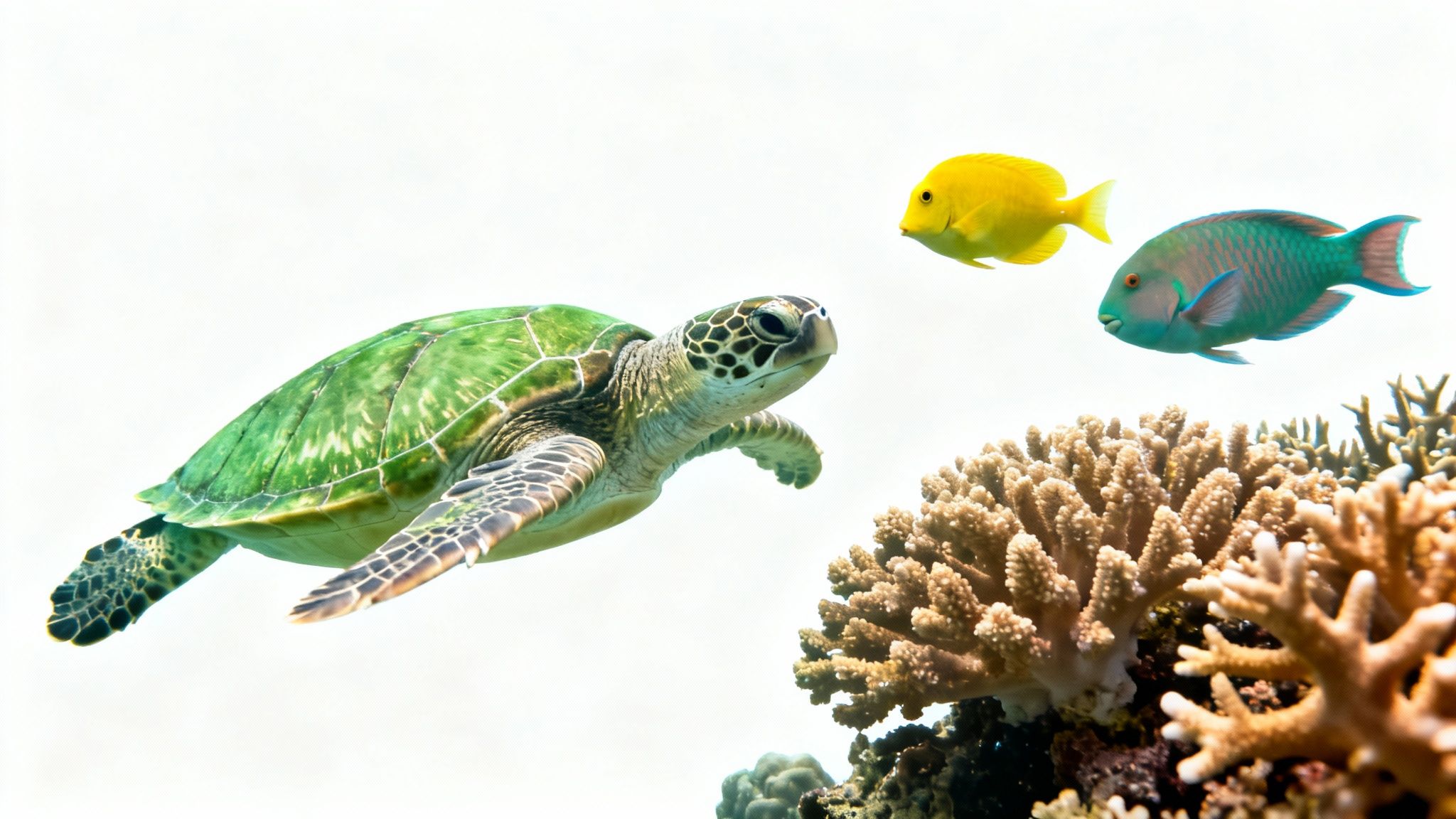 A green sea turtle swims past a yellow fish and a colorful parrotfish near coral reefs.