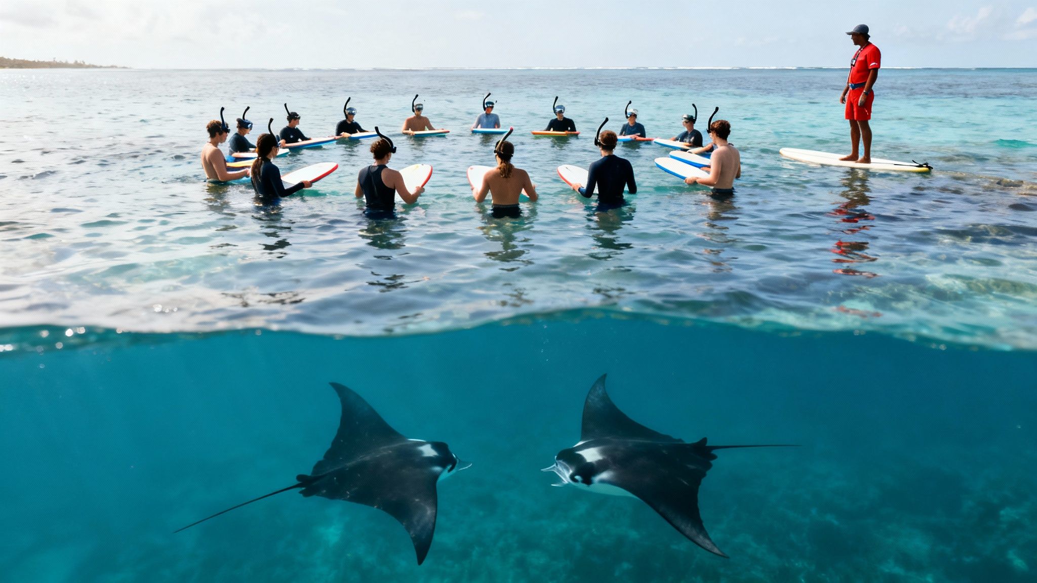 A group of snorkelers with an instructor observing two manta rays underwater in clear blue ocean.