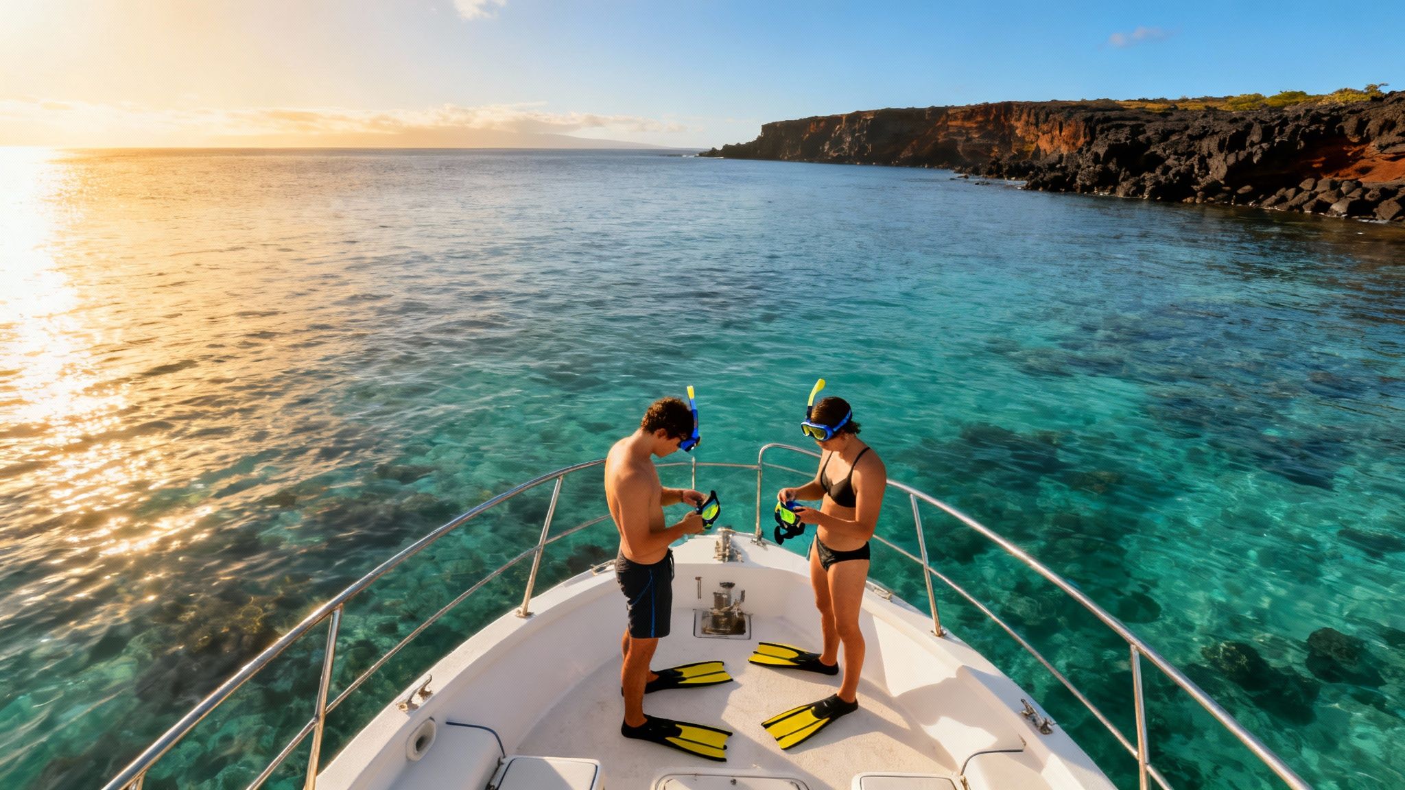 Two people on a boat deck preparing for snorkeling in clear turquoise water near a rocky coastline at sunset.