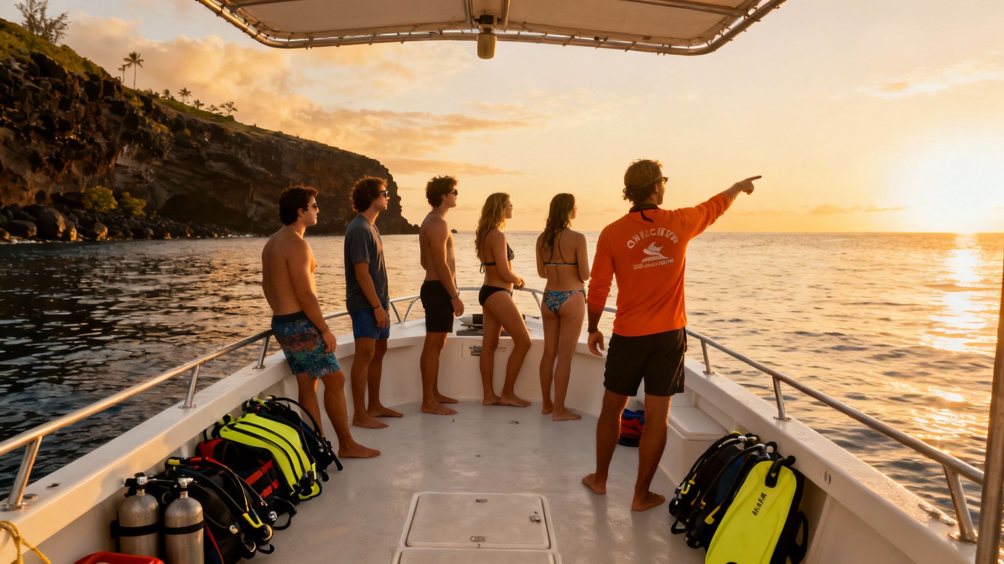 People on a boat with dive gear at sunset, watching a guide point to the ocean.