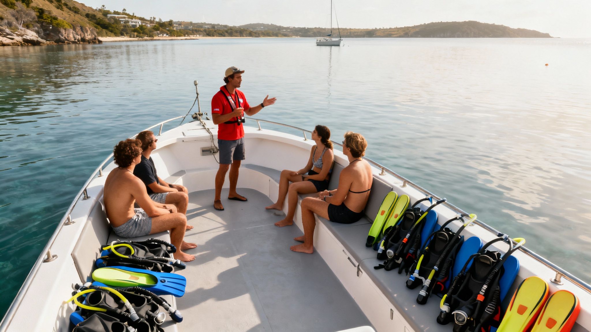 A dive guide gives a briefing to four people on a boat with scuba gear in a clear ocean.