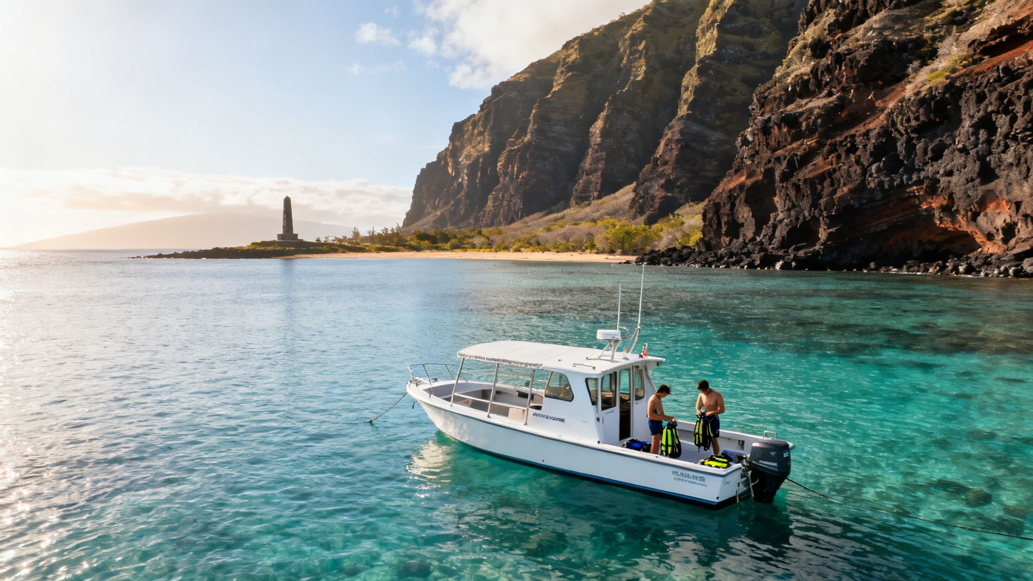Two men on a white boat in clear turquoise water prepare for snorkeling near large cliffs.