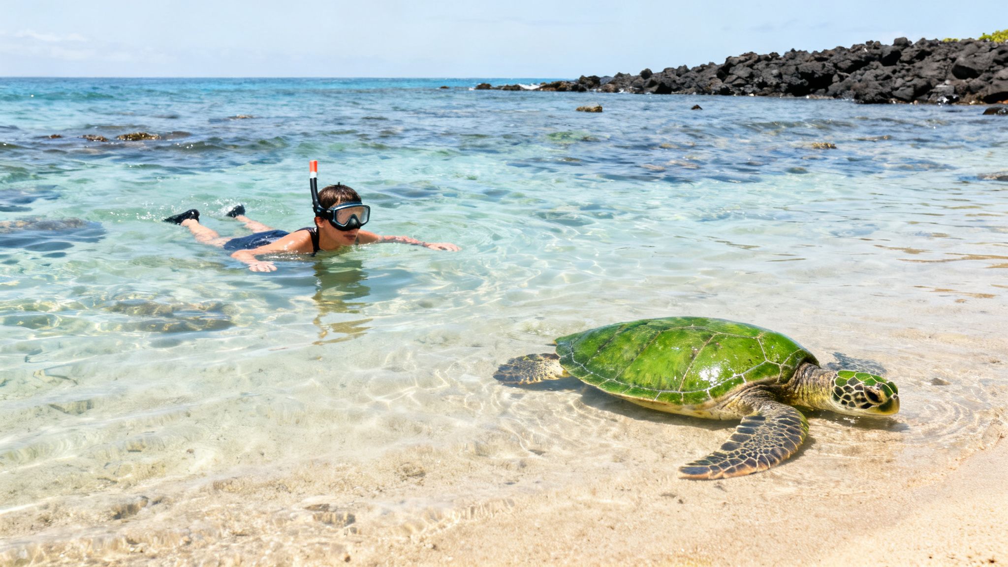 A child in snorkeling gear floating near a majestic green sea turtle on a sunny beach.