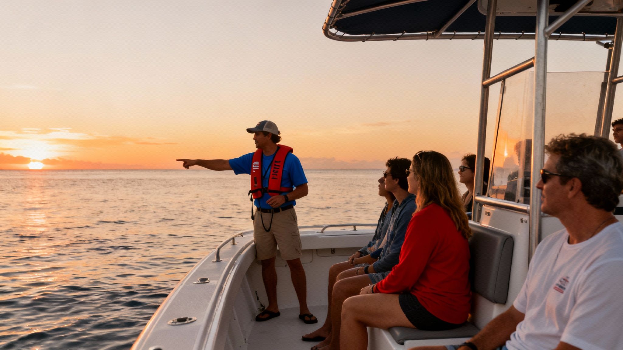 A boat tour guide pointing towards a vibrant sunset over the ocean for seated guests.
