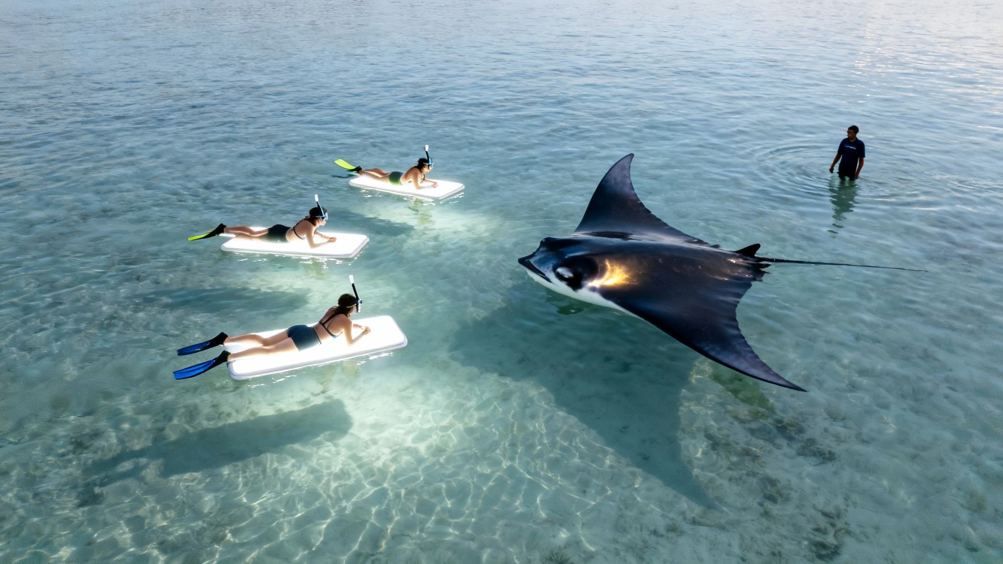 Snorkelers on illuminated boards watching a majestic manta ray in crystal clear water.