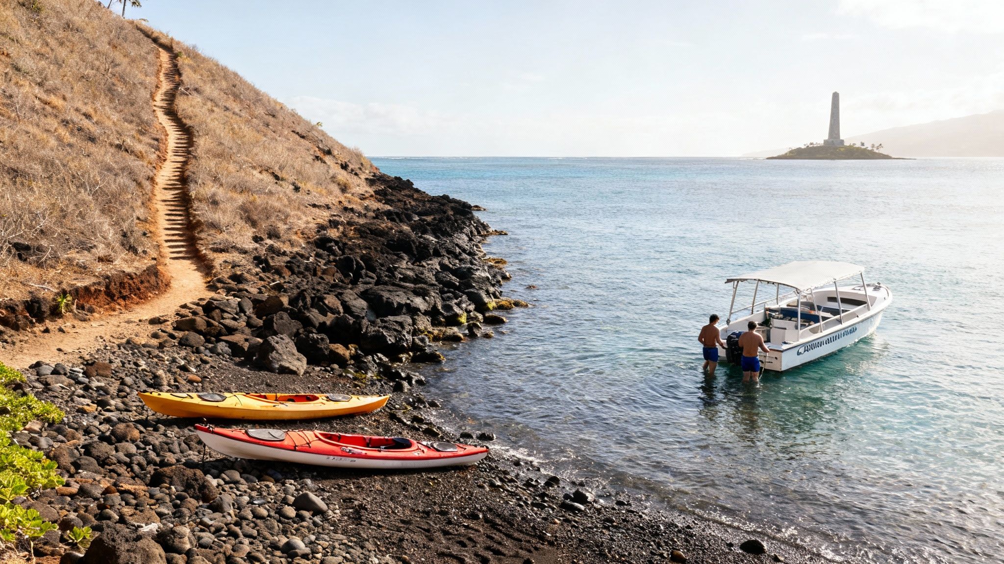 A scenic bay with a winding path up a hill, kayaks, and a boat with men in clear water.