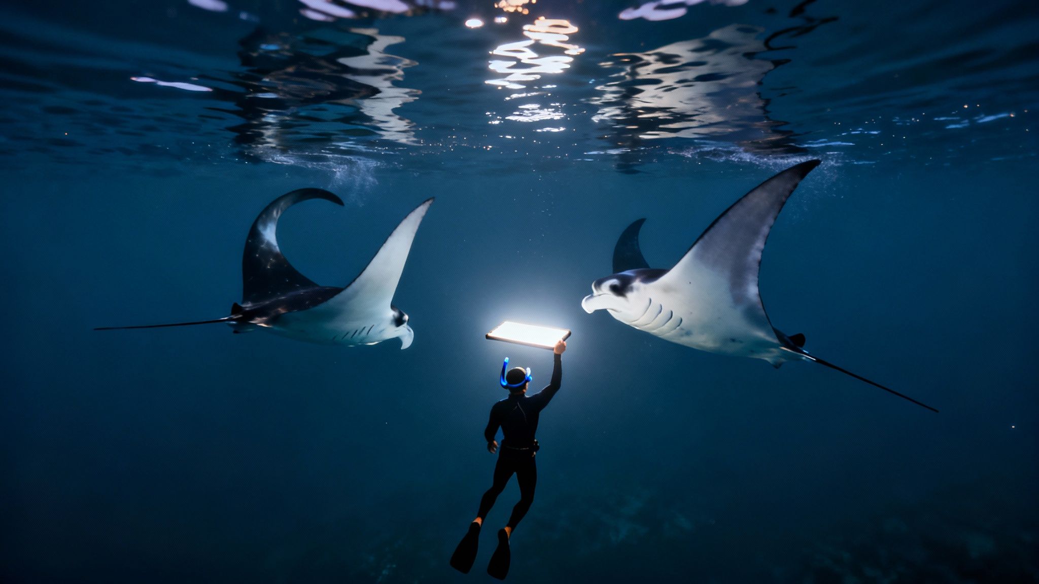 Underwater photographer with light filming two manta rays swimming near ocean surface in Kona