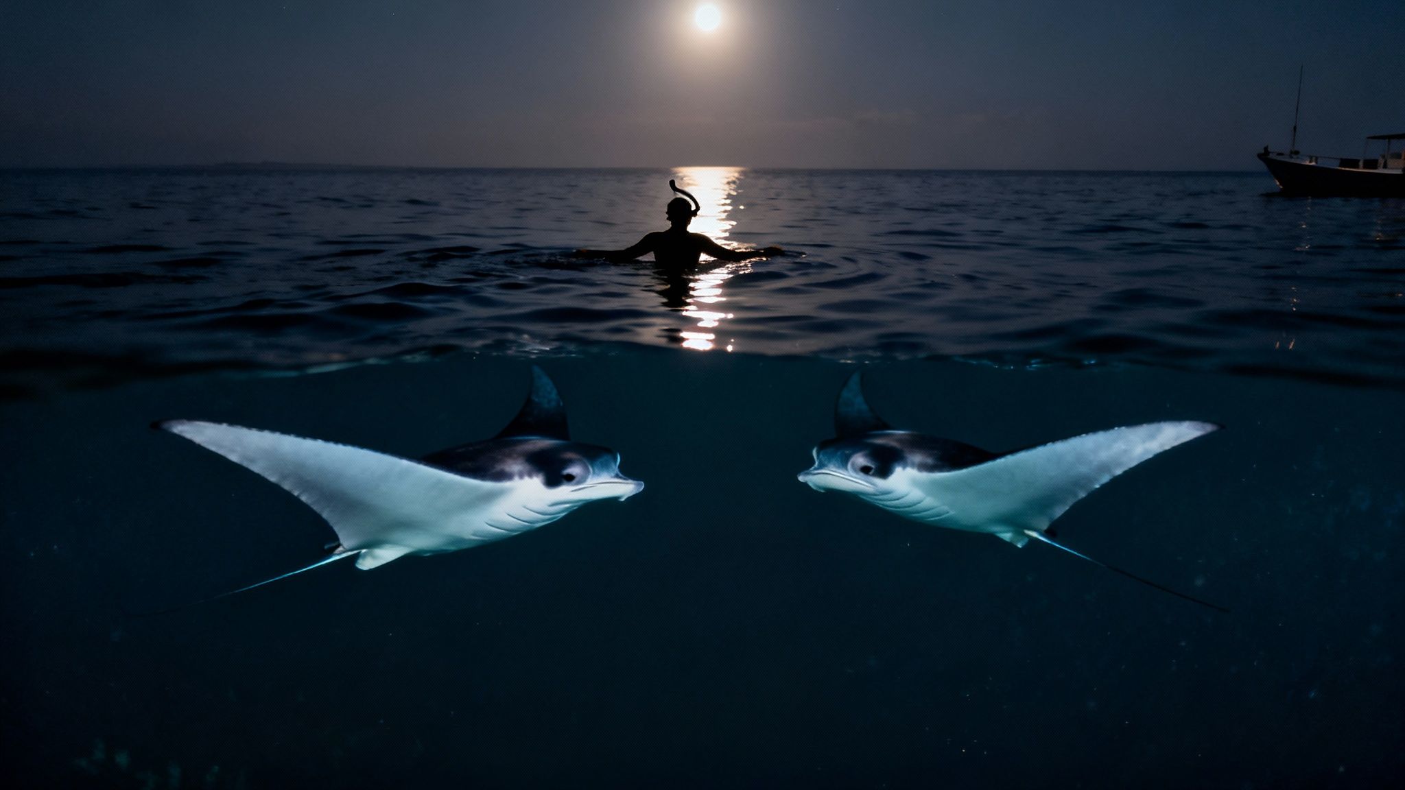 Graceful manta ray swimming at night near a snorkeler&#39;s light board in Kona.
