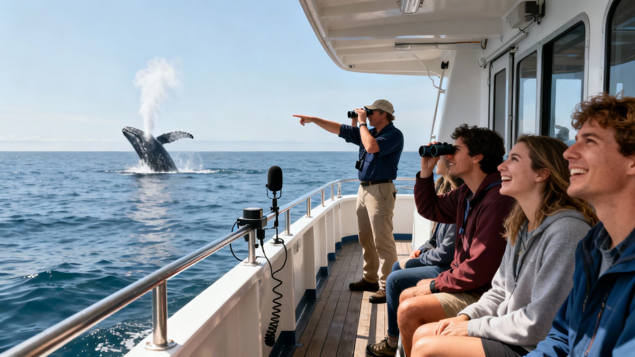 Tourists on a boat excitedly watch a magnificent humpback whale breaching out of the ocean with a large spray.