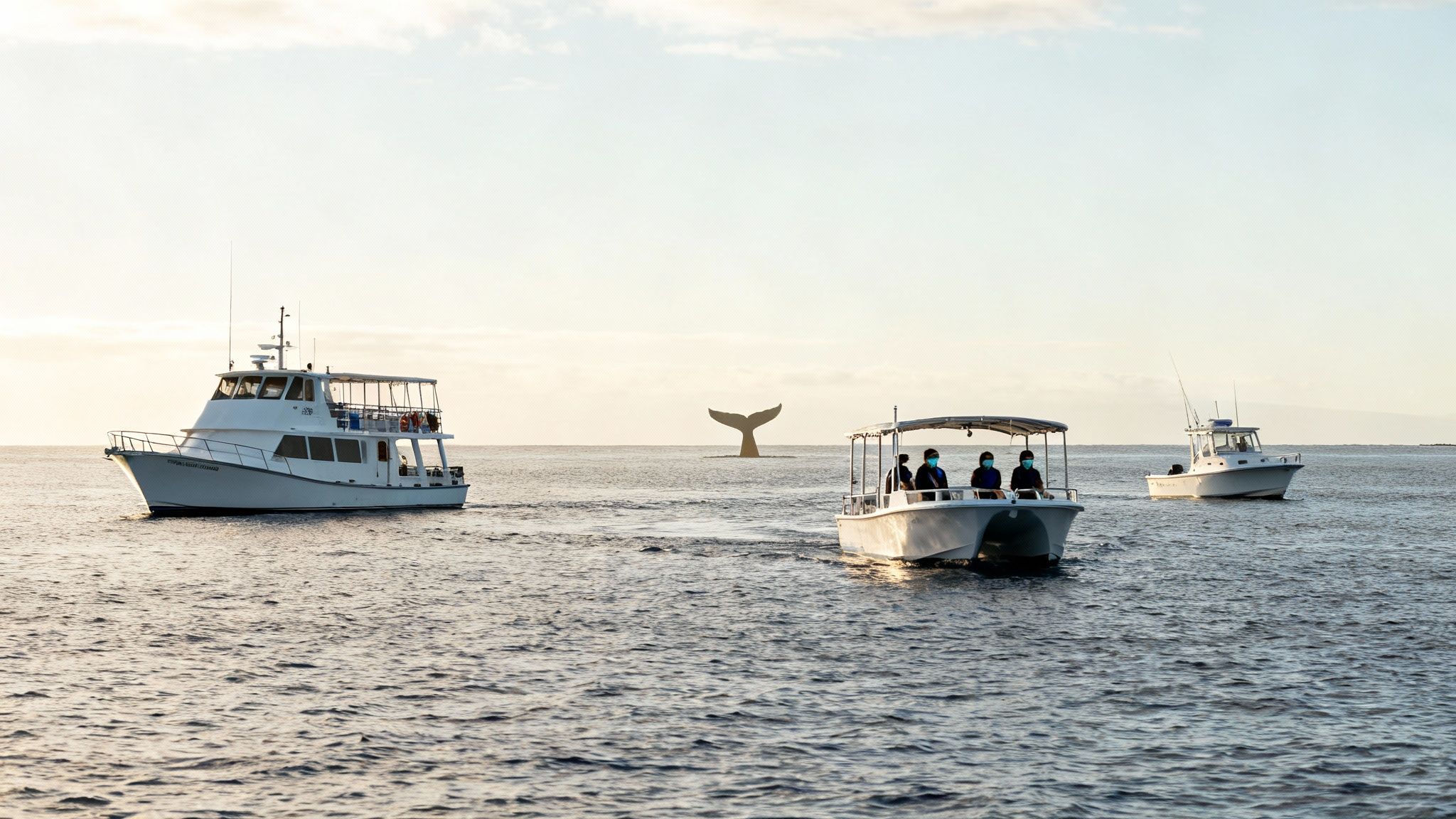Three boats on the ocean with a whale tail breaching in the distance, carrying people on a tour.