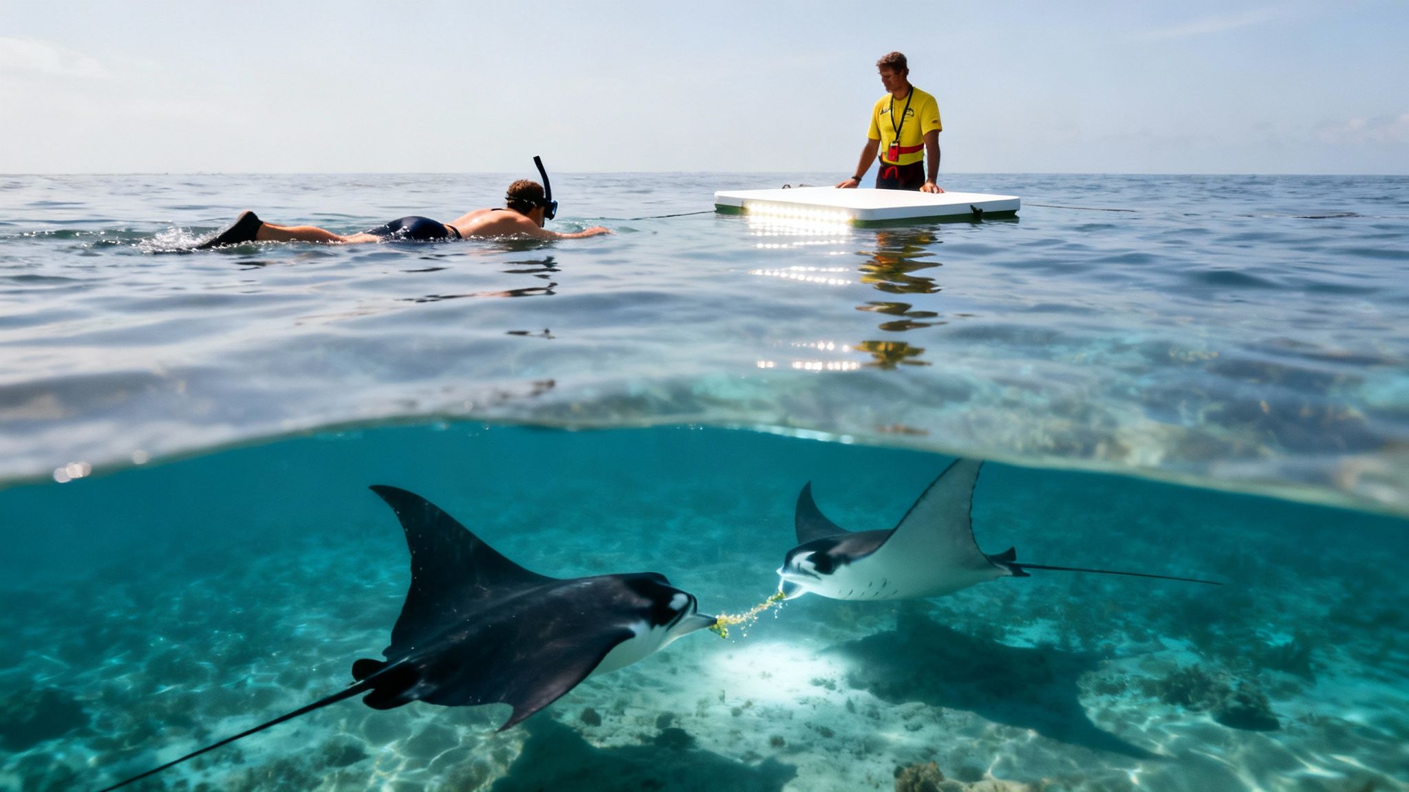 Split image of two people above water and two manta rays feeding below in clear ocean water.