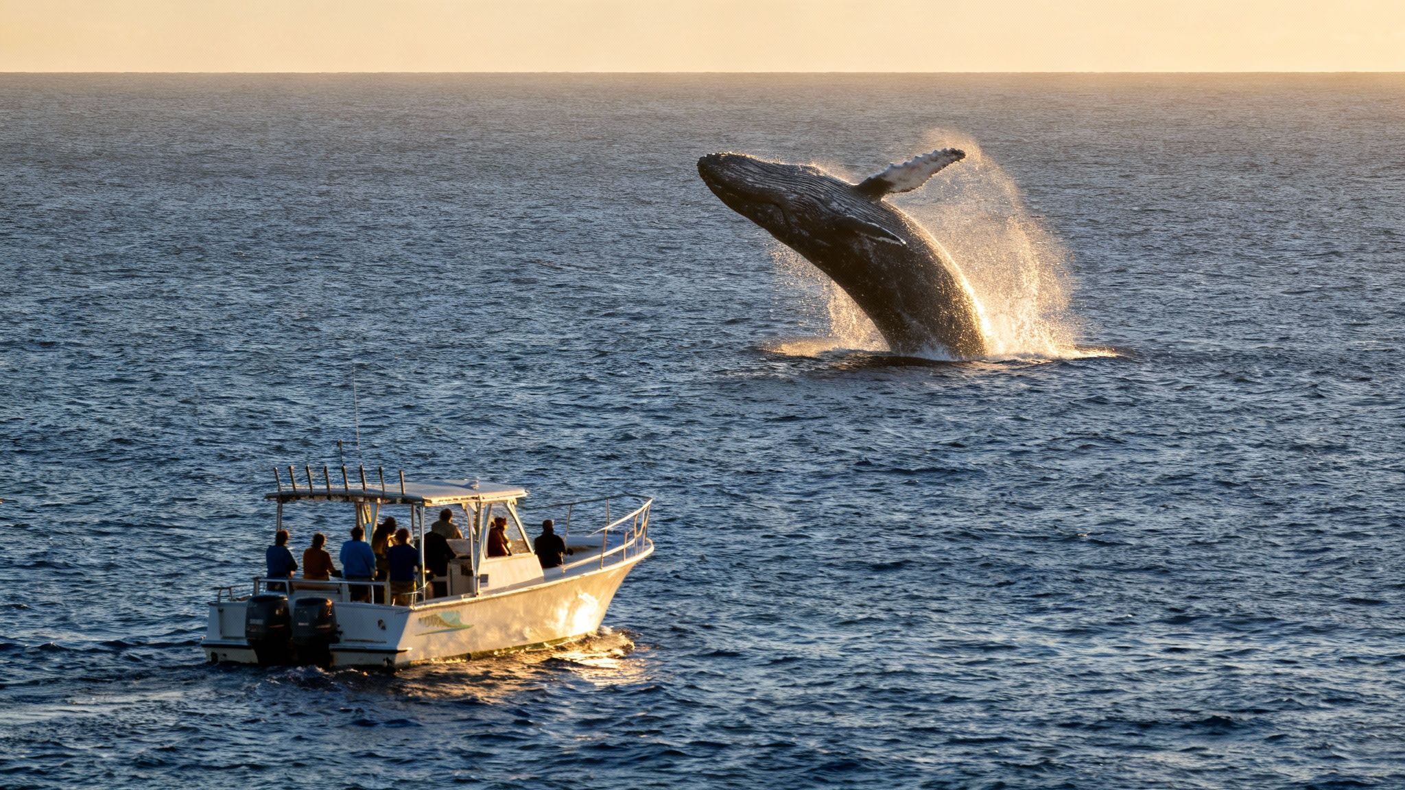 A majestic humpback whale breaches out of the ocean near a whale-watching boat at sunset.