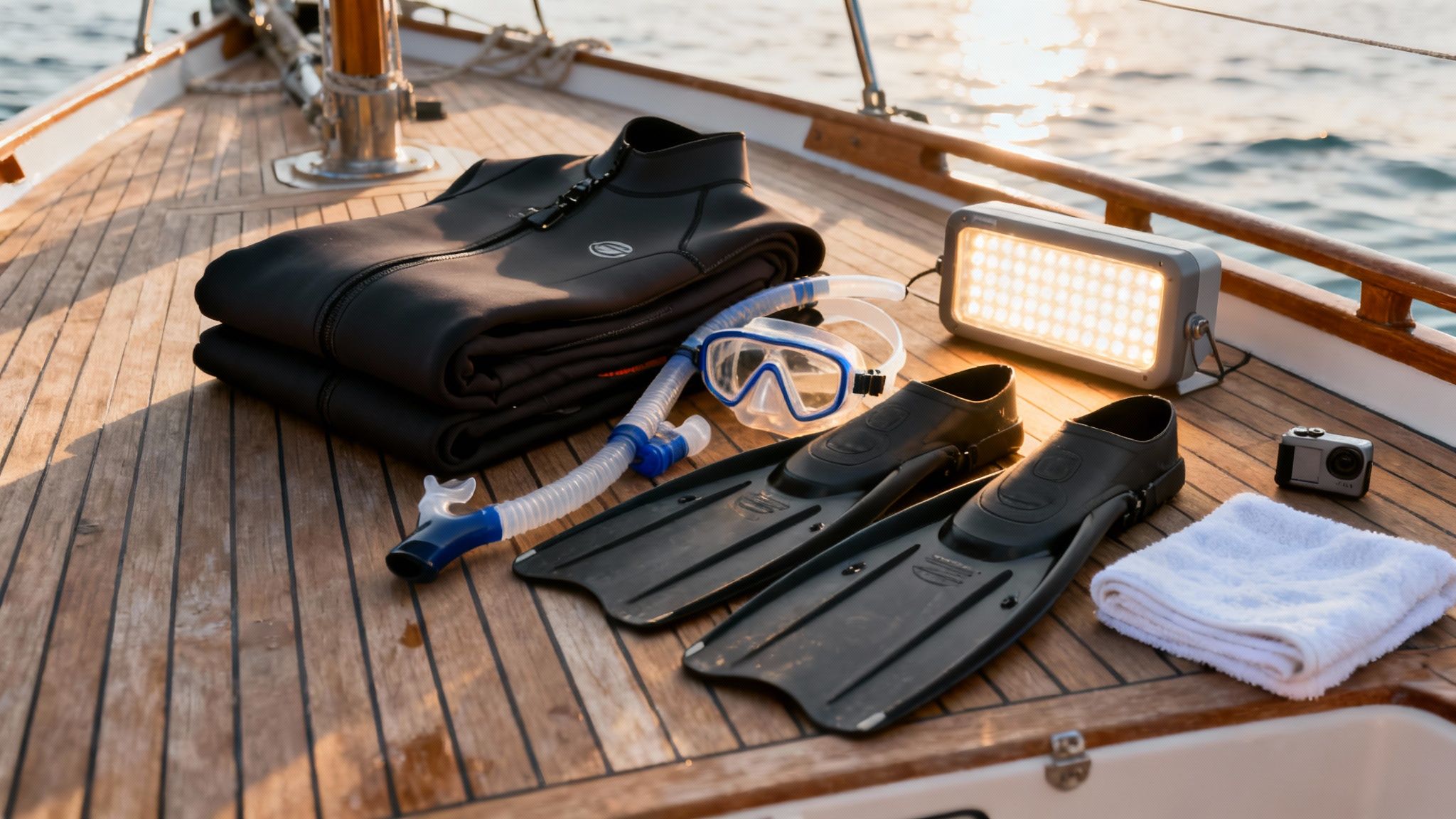 Complete set of snorkeling and diving equipment displayed on a boat's teak deck at sunset.