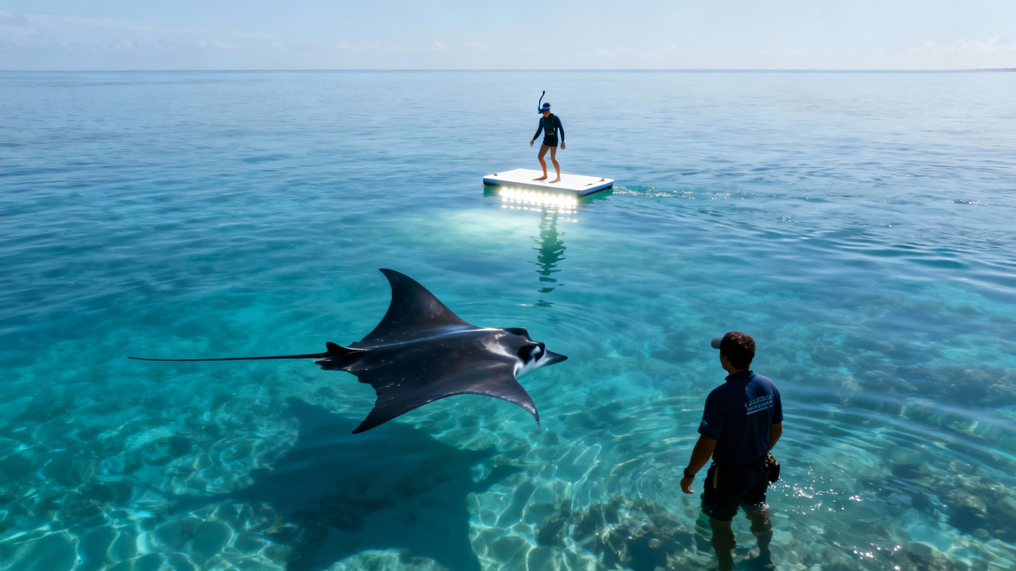 Manta ray glides beneath a person on a luminous floating platform, observed by another in turquoise waters.