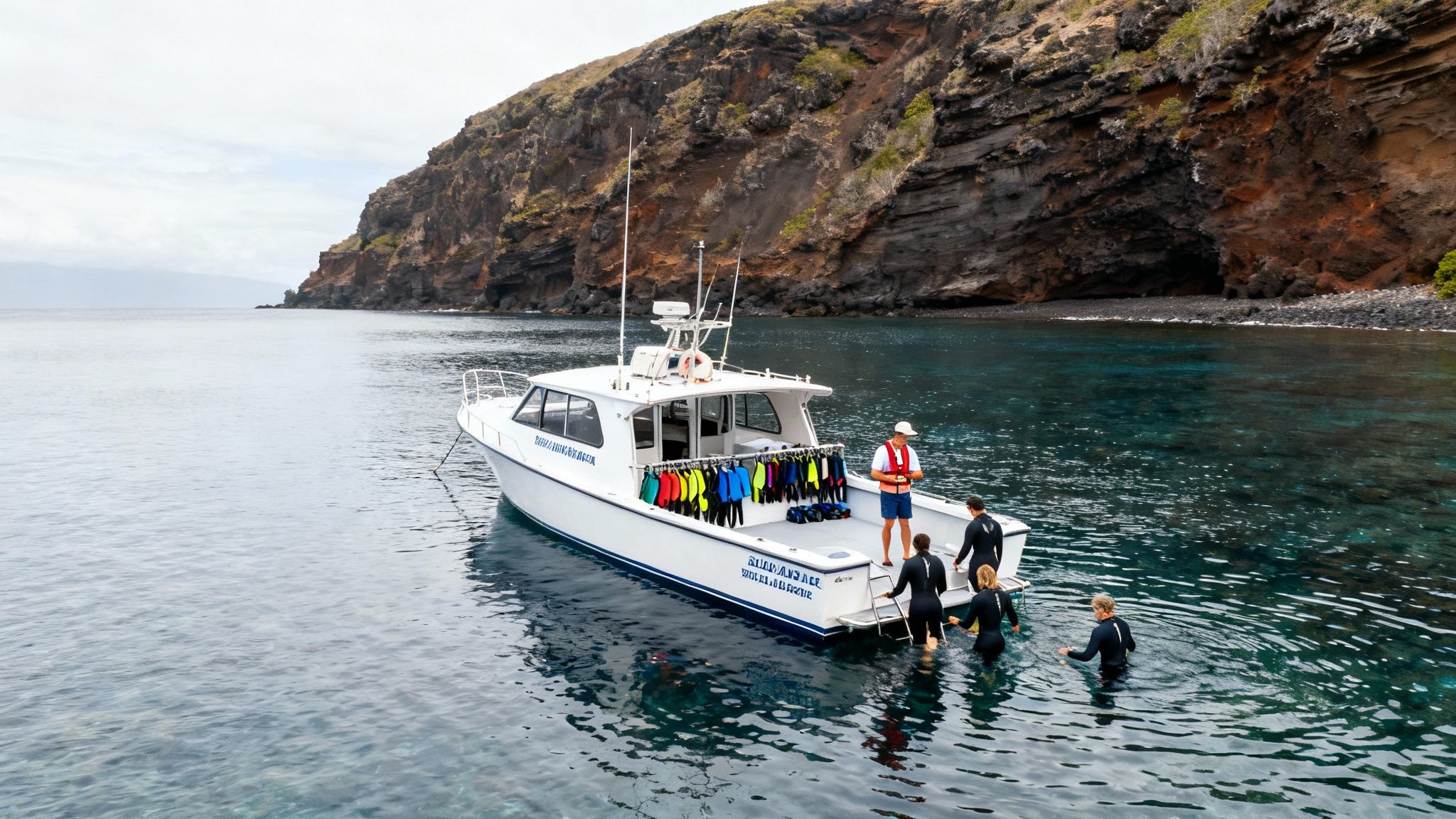 A white boat with colorful wetsuits anchored near a rocky cliff, as people prepare to snorkel in clear ocean waters.