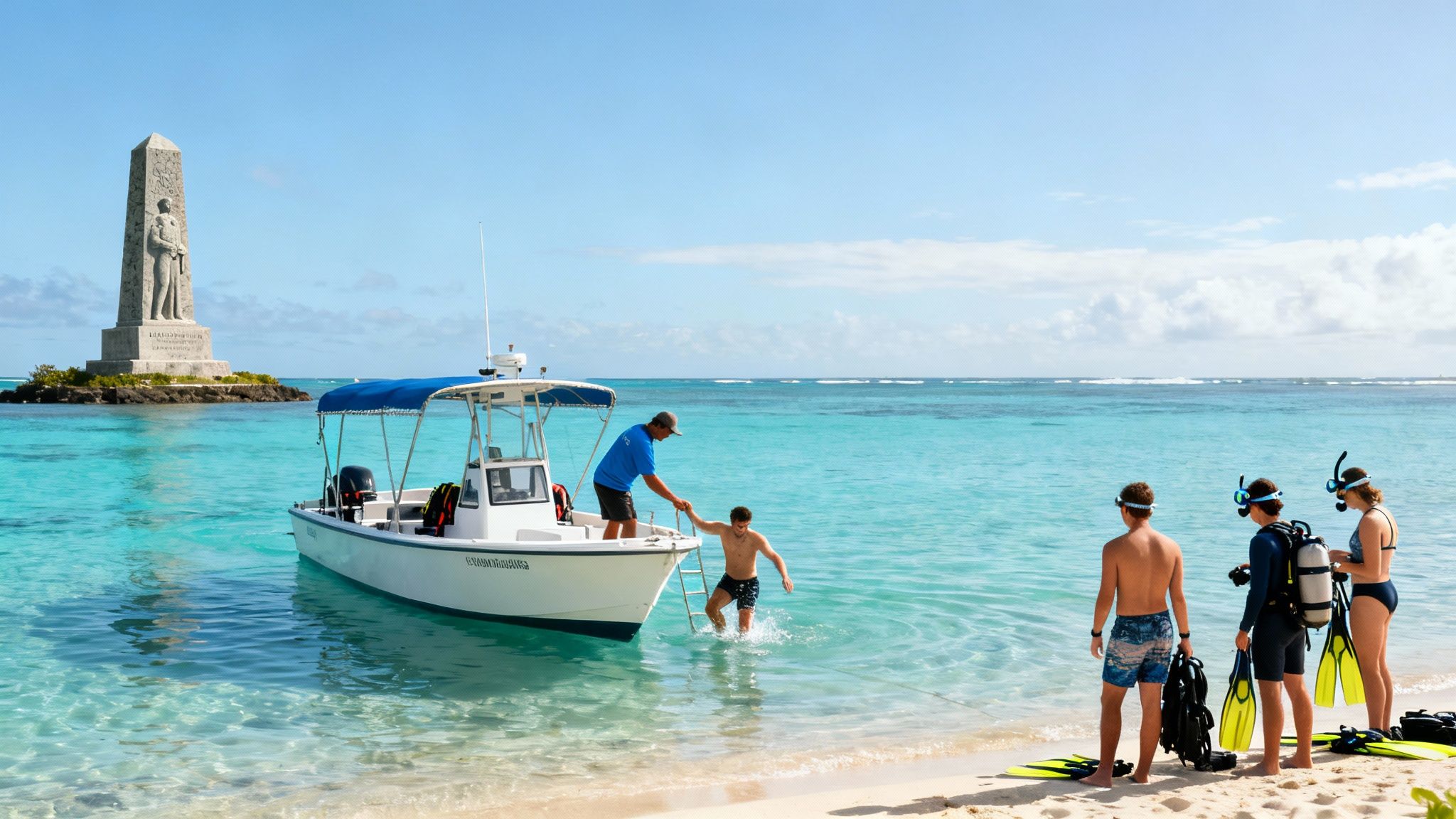 A tropical beach scene with people snorkeling and diving near a boat and monument.