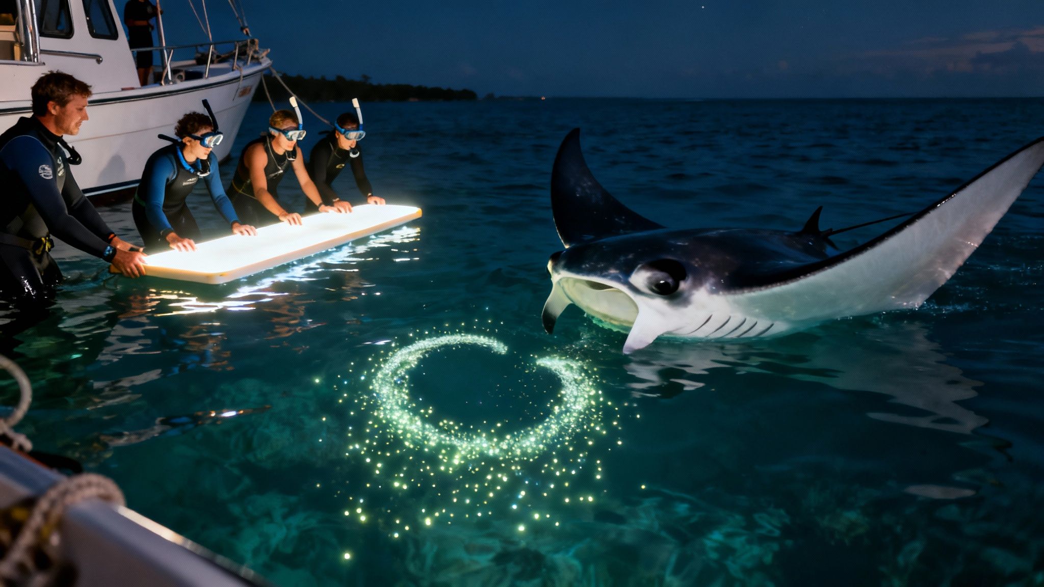 Snorkelers illuminate the ocean with a glowing board, attracting a majestic manta ray at night.