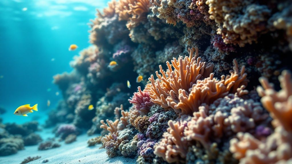 Colorful tropical fish swimming over a healthy coral reef in Kealakekua Bay.