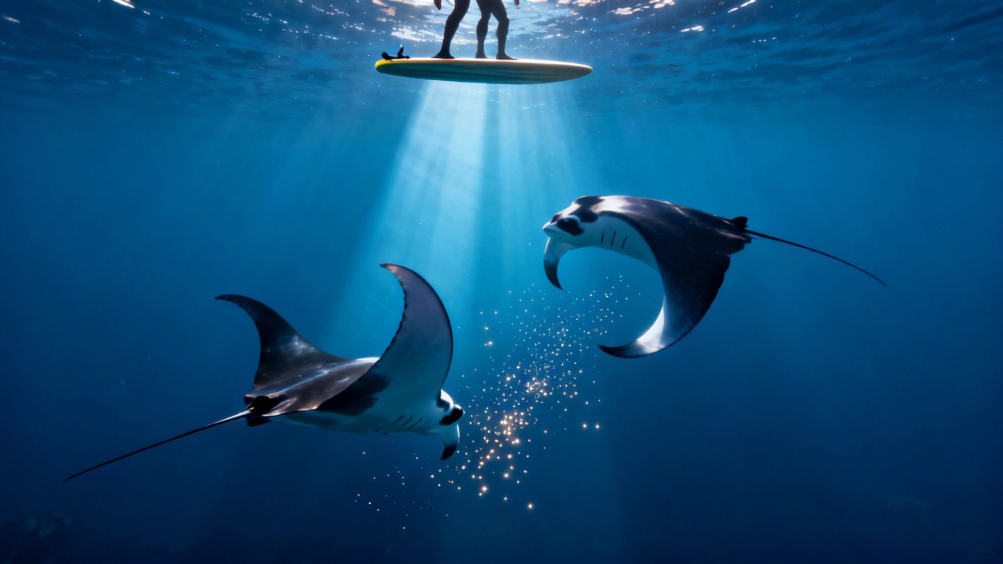 Underwater view of two majestic manta rays swimming gracefully beneath a surfer in a sunlit ocean.