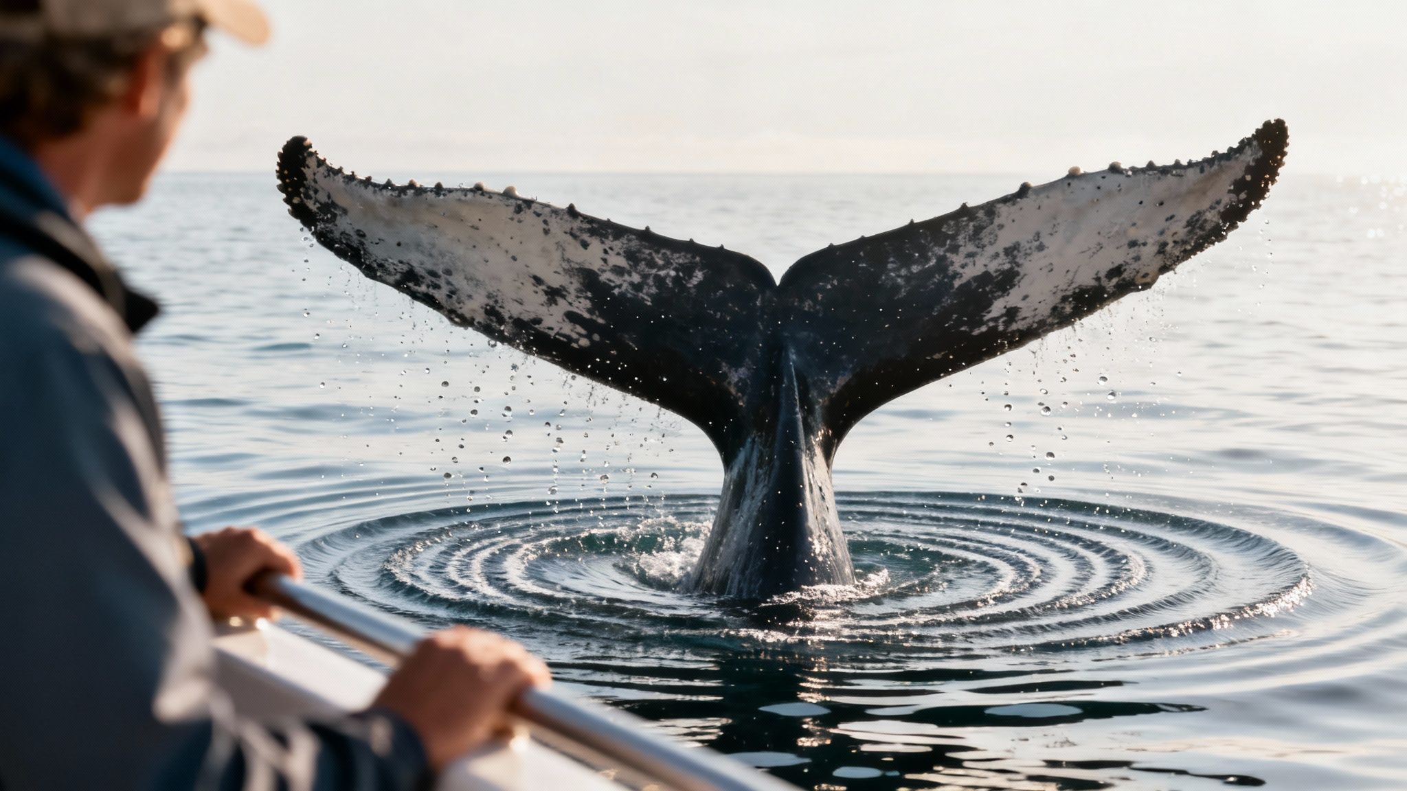 A majestic whale tail emerges from the ocean, creating ripples and splashes, as a person watches from a boat.