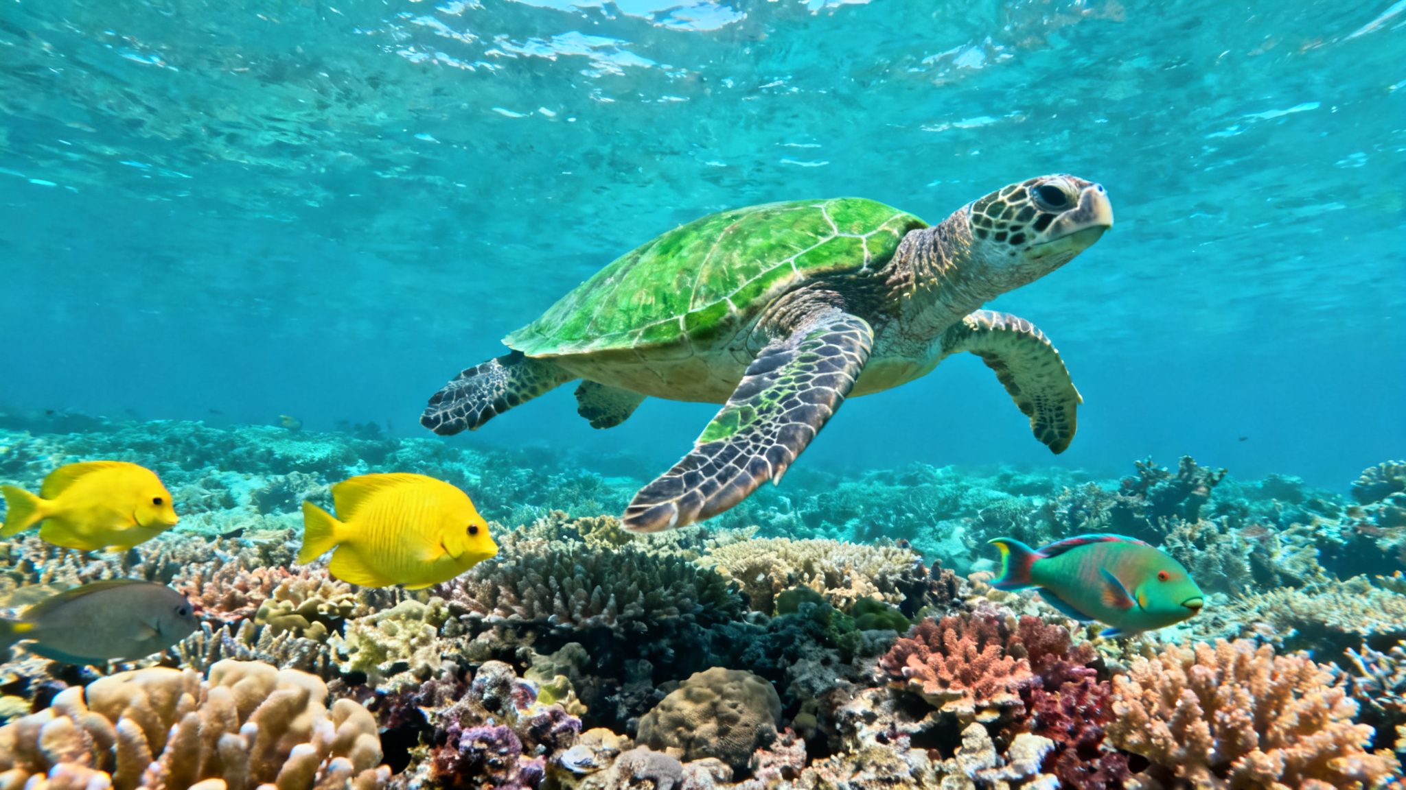 A majestic sea turtle swims gracefully over a colorful coral reef teeming with vibrant fish.