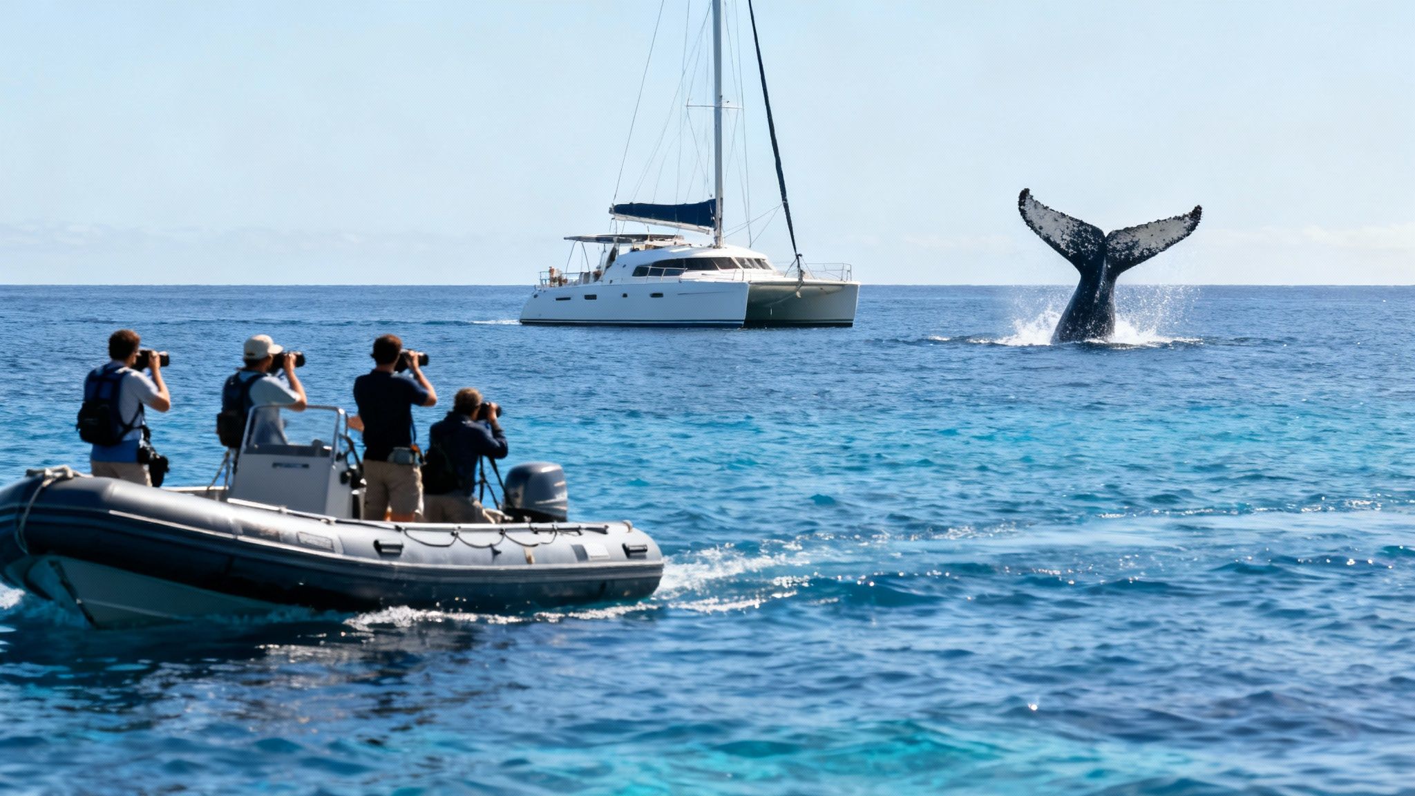 Tourists on inflatable boat photographing humpback whale tail breaching near sailboat in Kona Hawaii