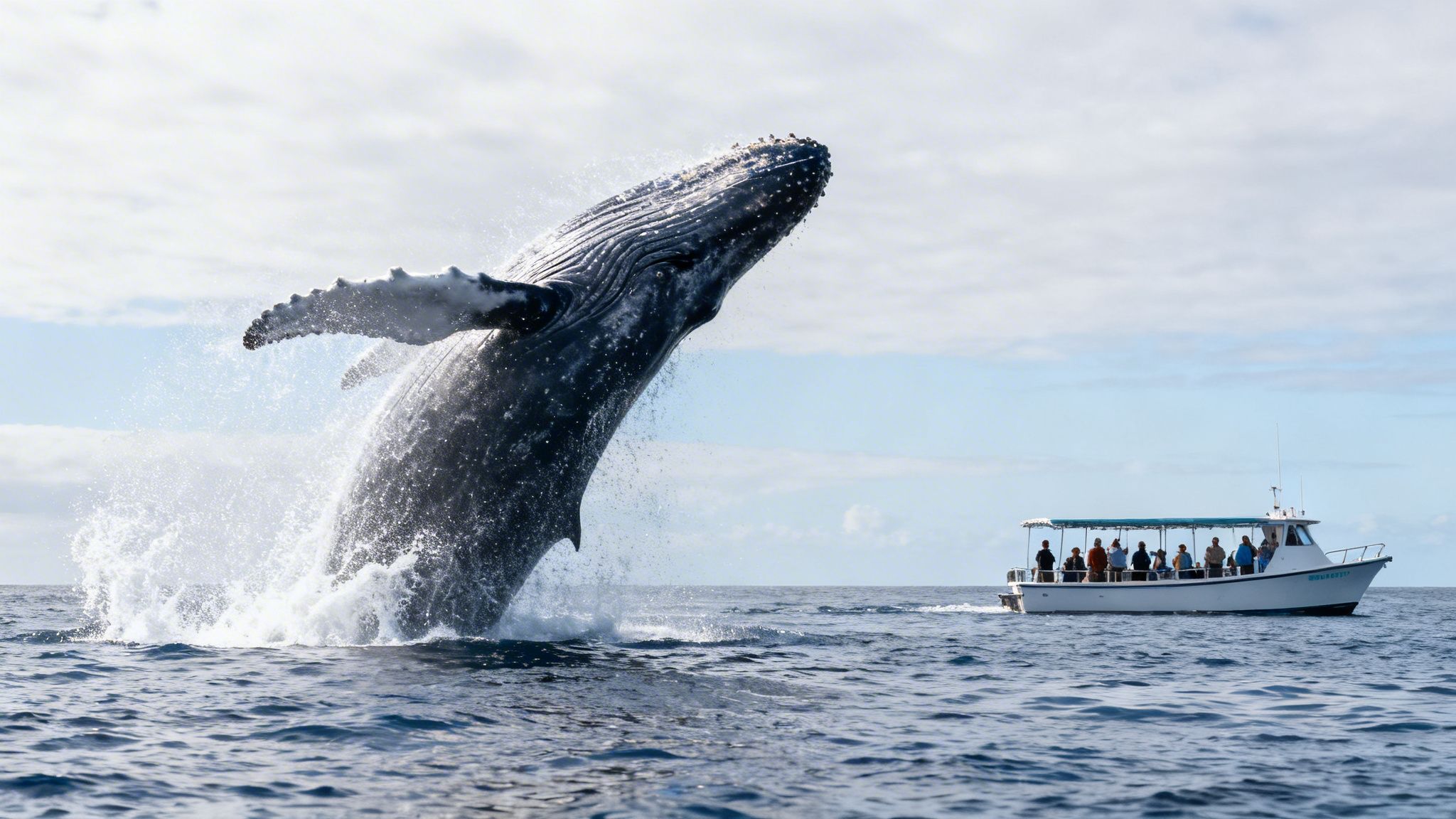 A magnificent humpback whale breaches high out of the ocean, splashing water near a tourist boat.